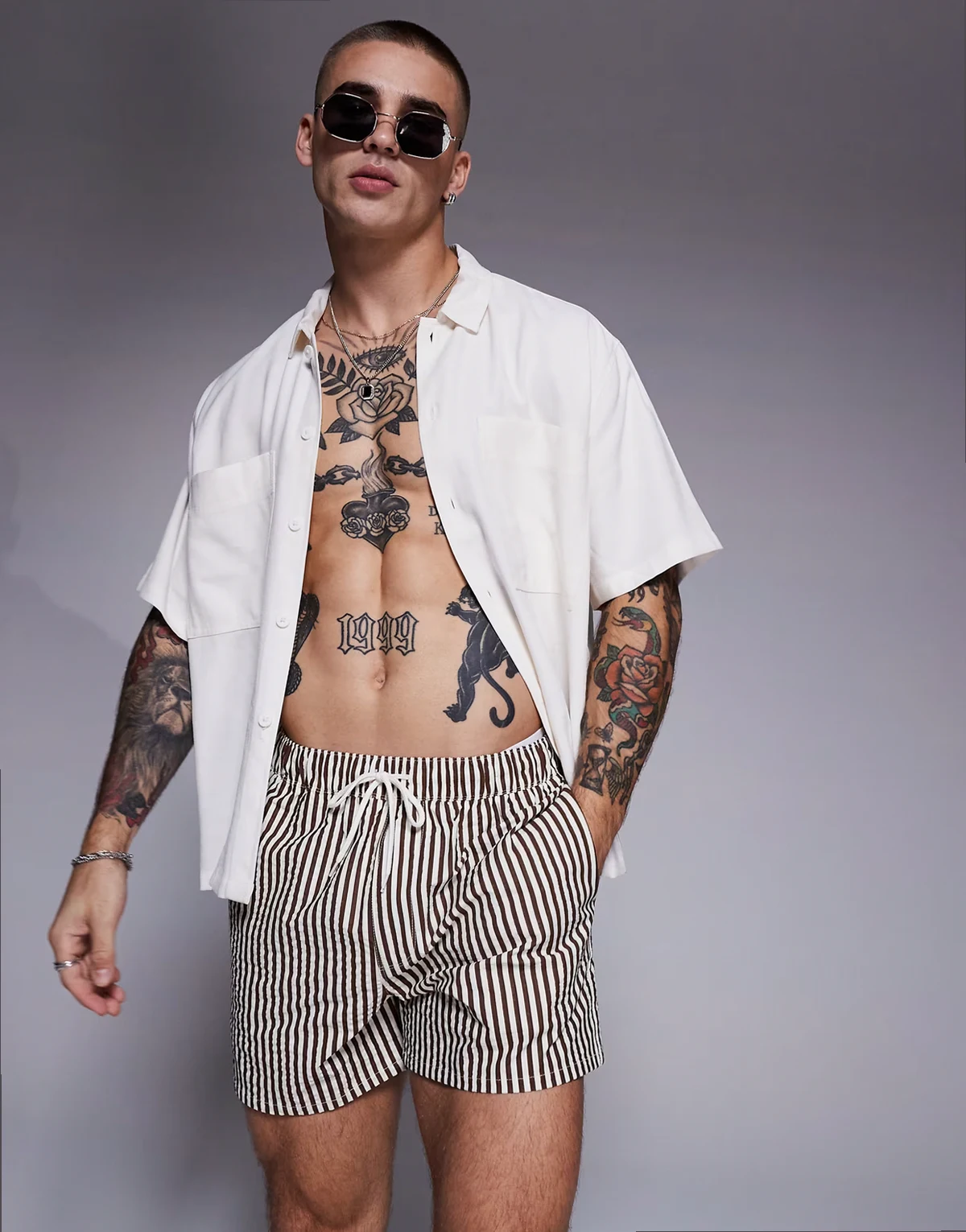 seersucker swim shorts in short length in brown stripe