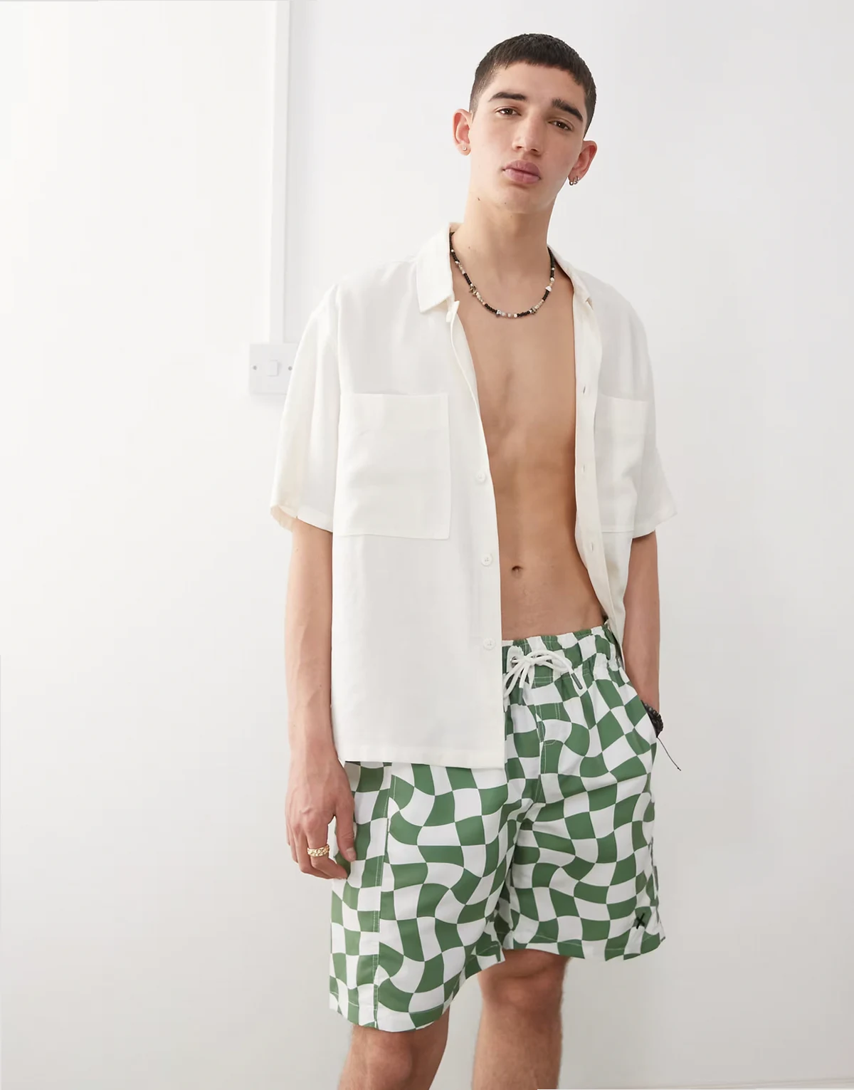 checkerboard swim shorts in khaki