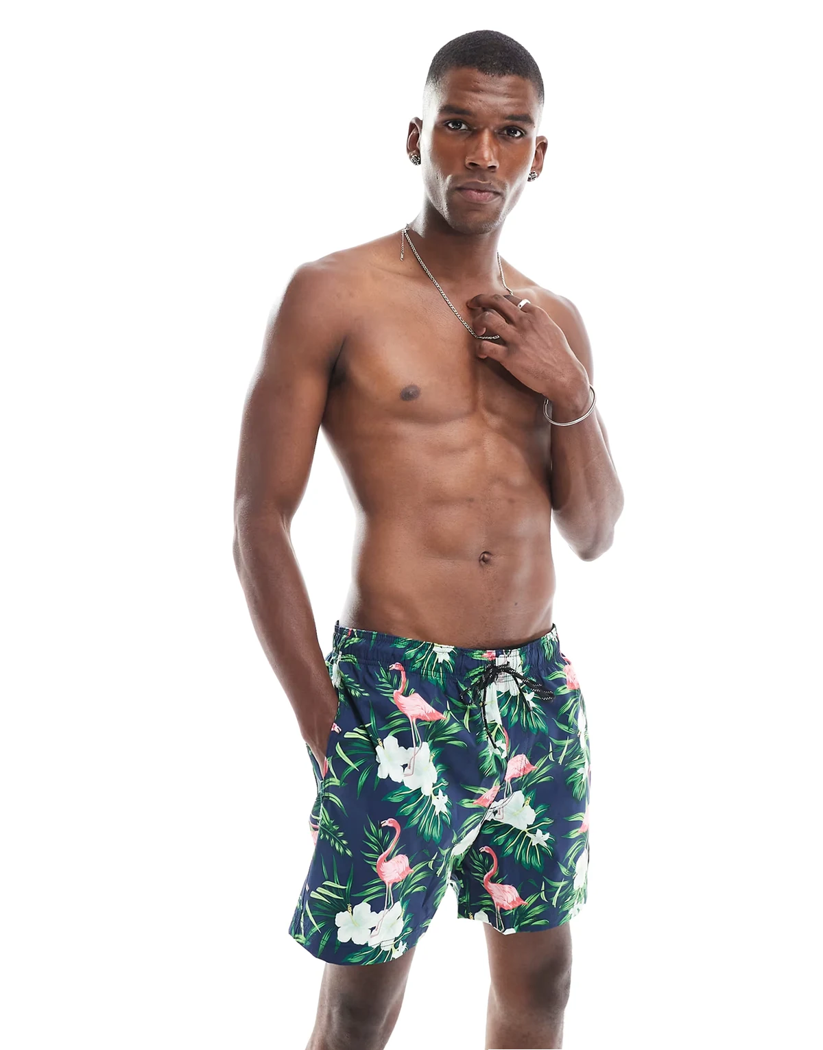 swim shorts in navy flamingo print
