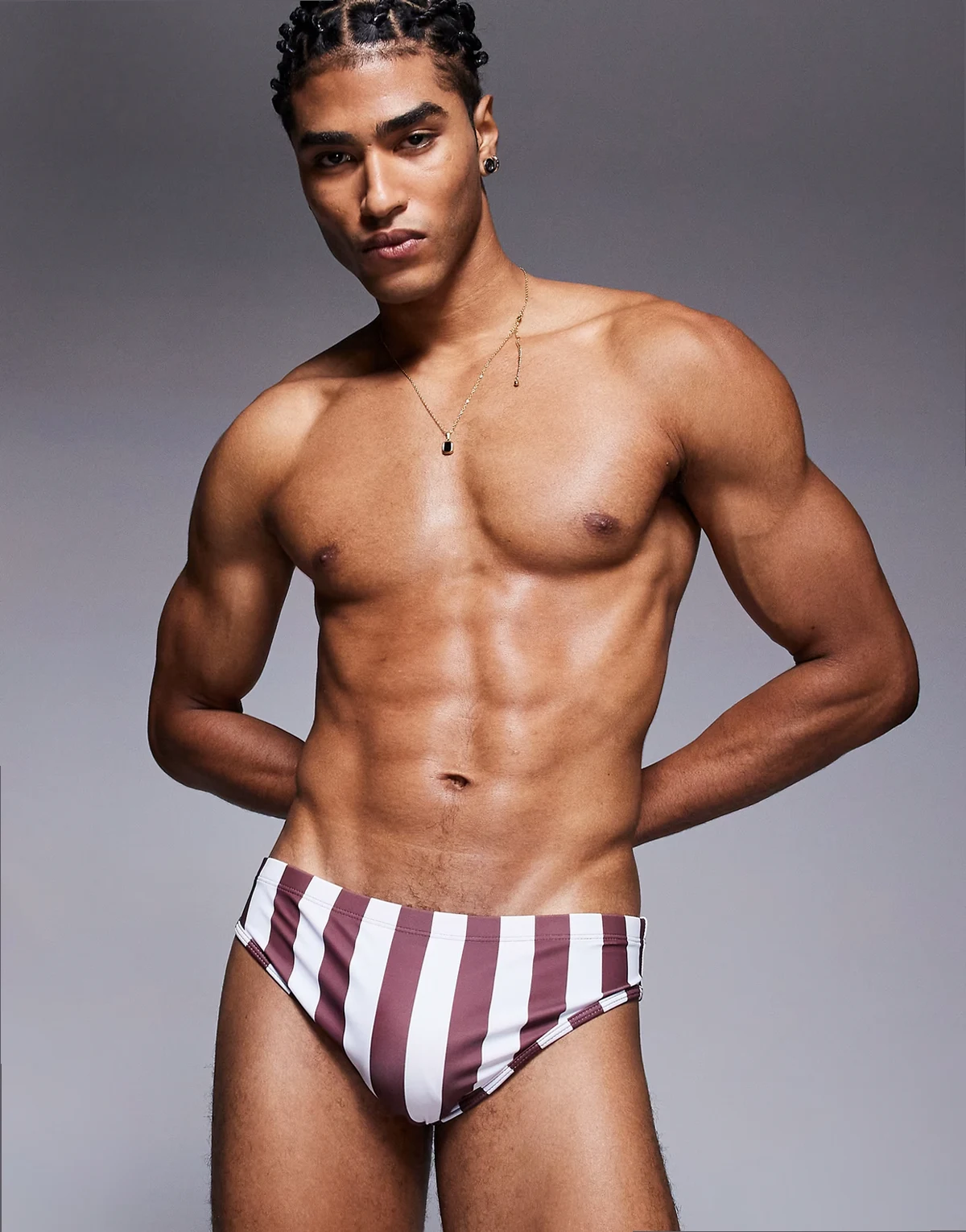 swim briefs in burgundy and white stripe