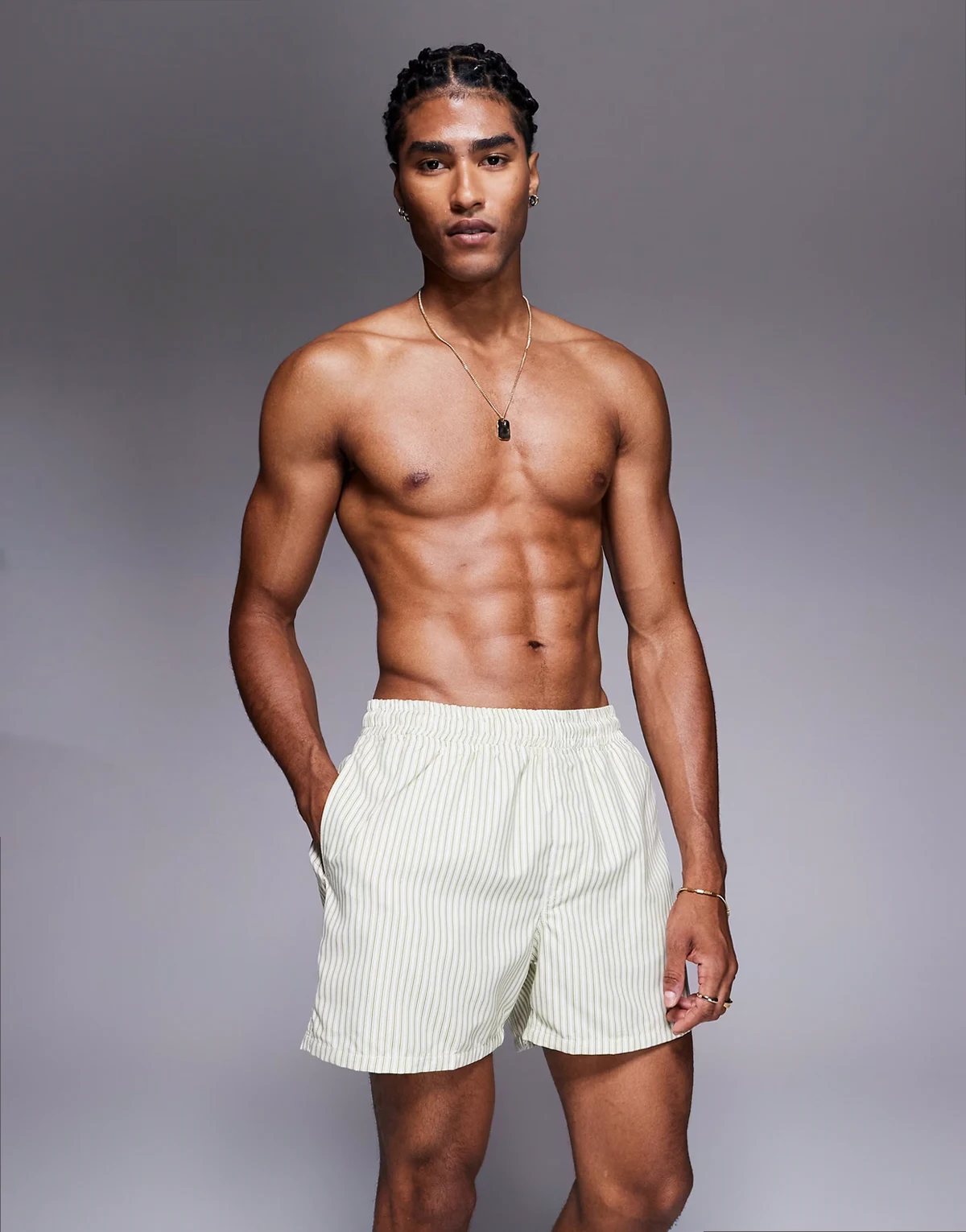 short length swim short in cream stripe