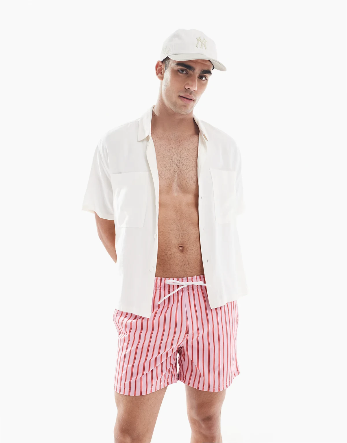 swim shorts in pink retro print