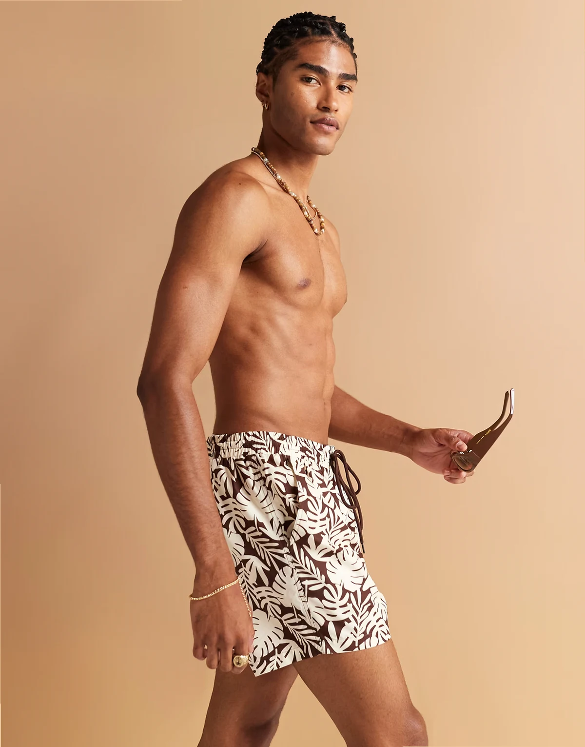 palm tree print swim shorts in brown