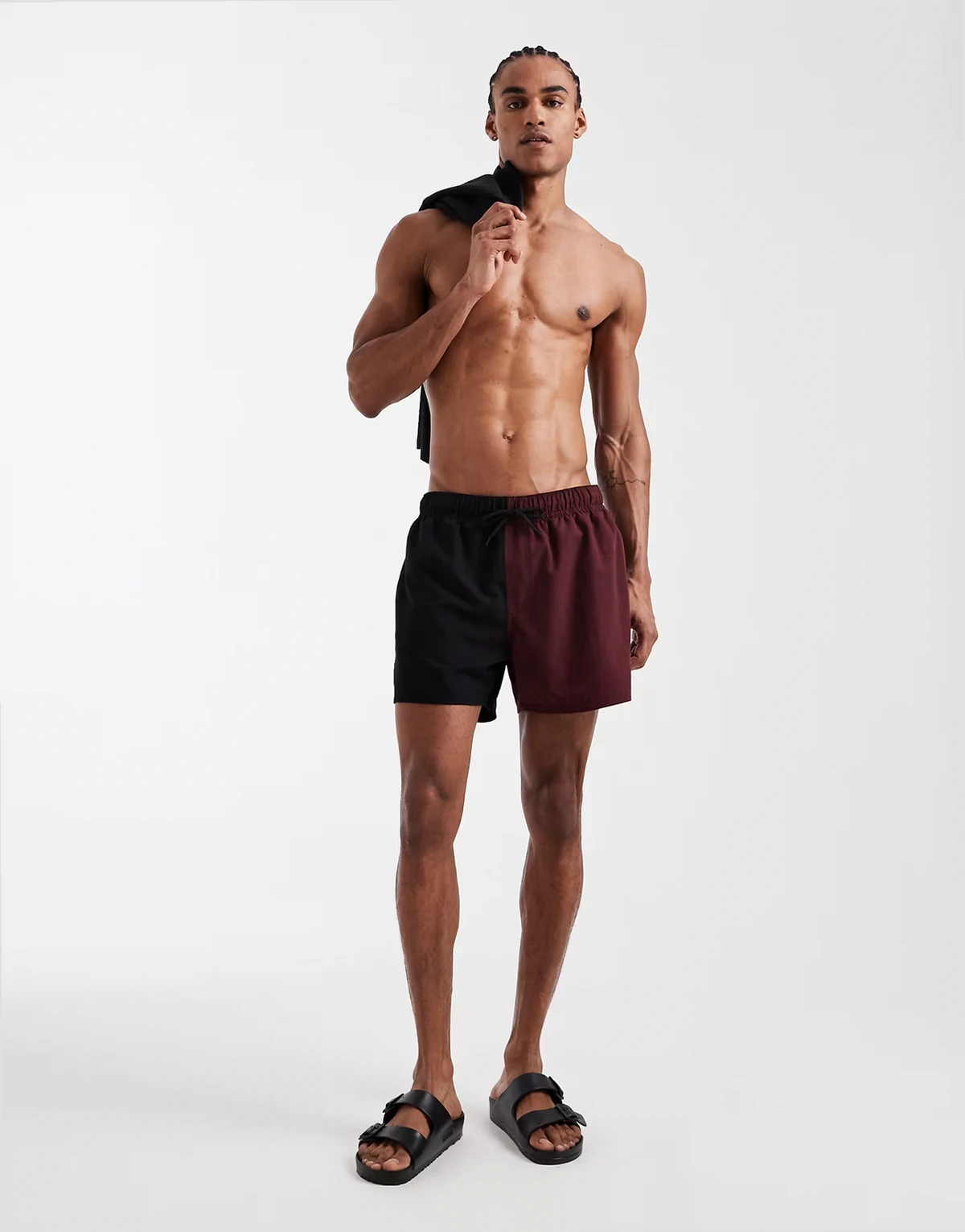 short length swim shorts in burgundy and black