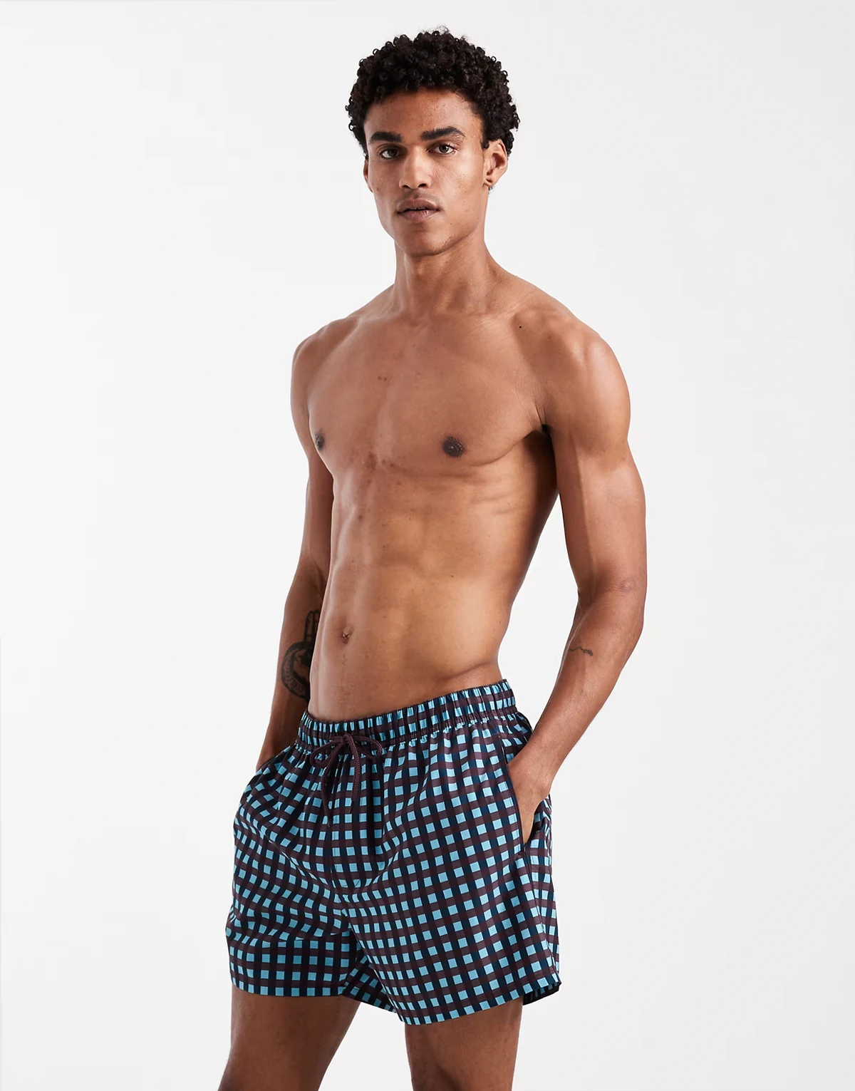 short length gingham swim shorts in turquoise