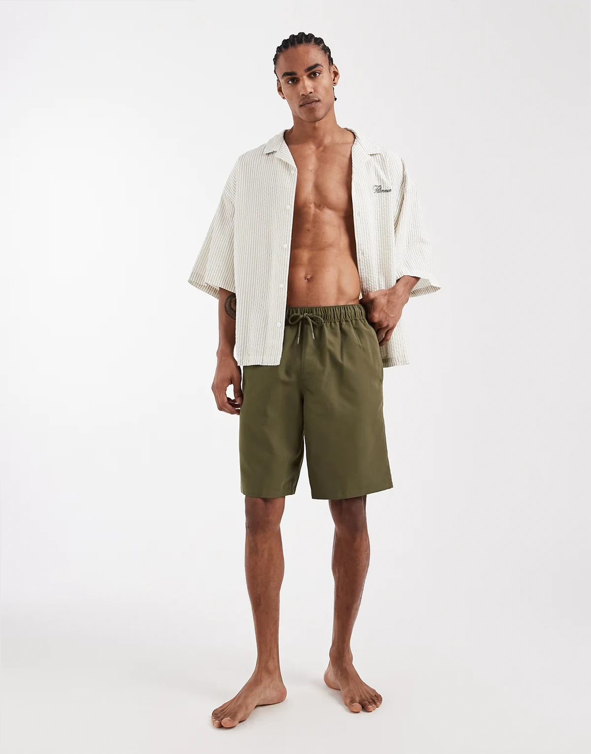 long length swim shorts in khaki green