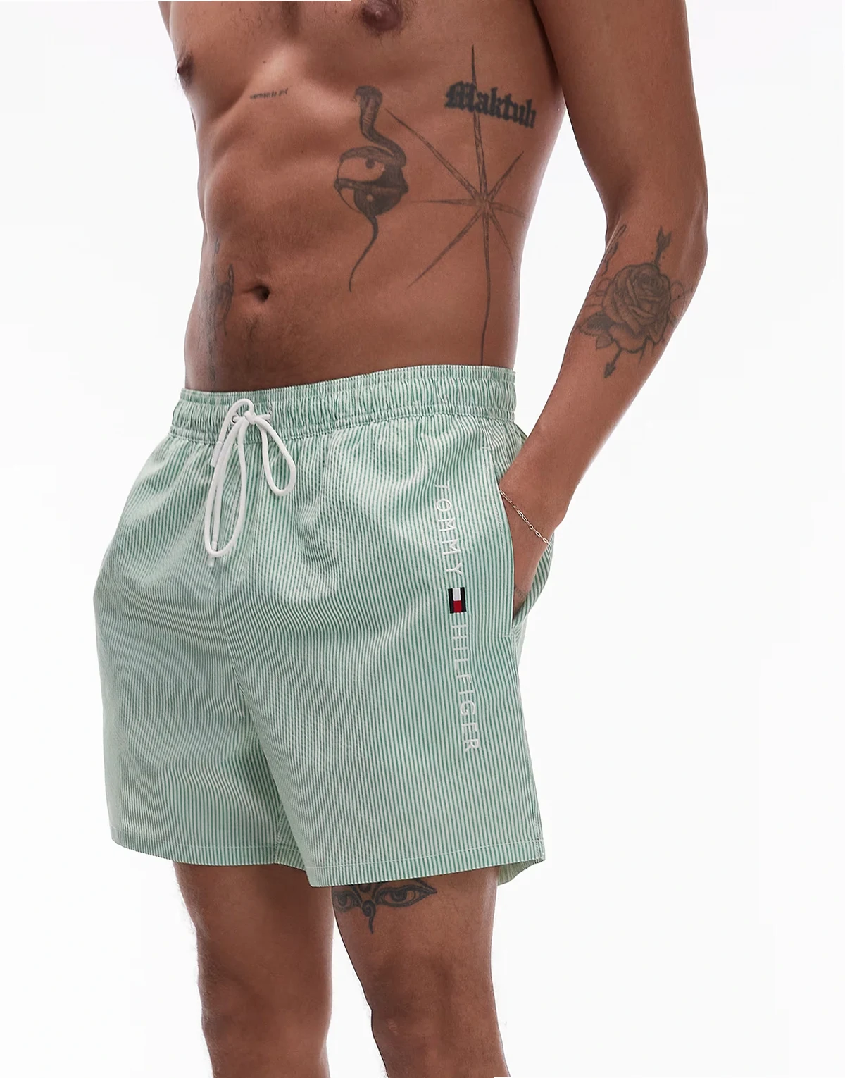 side logo drawstring swim shorts in green stripe