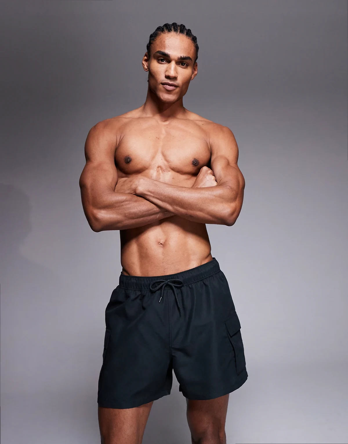 swim shorts in short length with cargo pockets in black