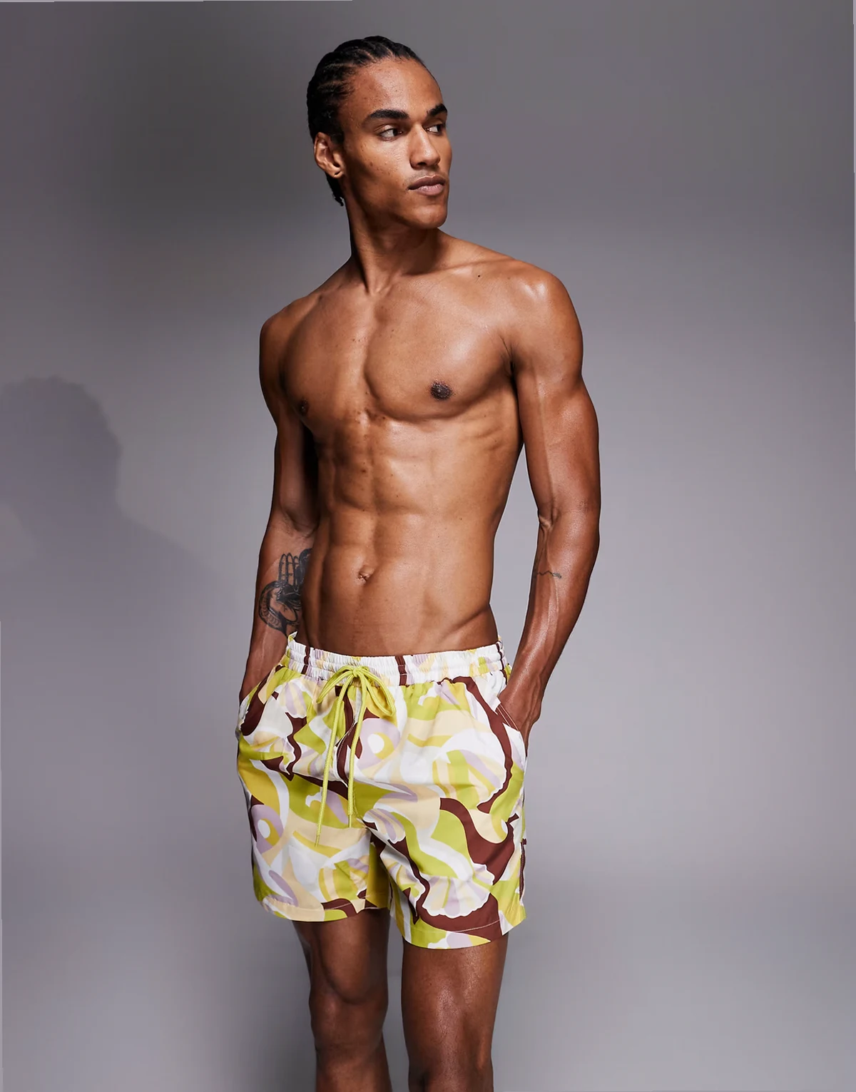 retro geo print swim shorts in brown