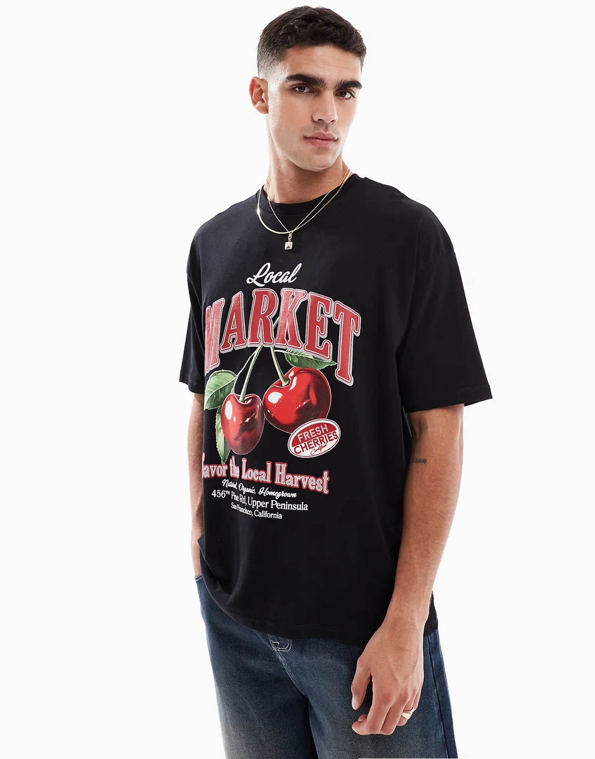 – Oversize-T-Shirt aus schwerem Stoff in Schwarz mit Frucht-Grafikprint
