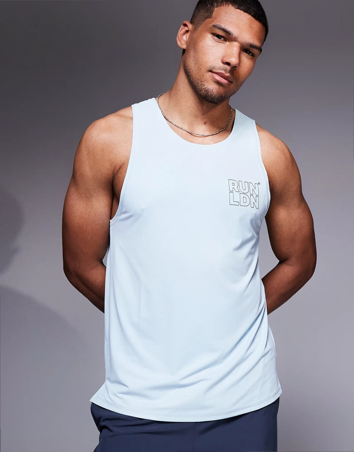 RUN LDN chest print mesh running tank top in pale blue