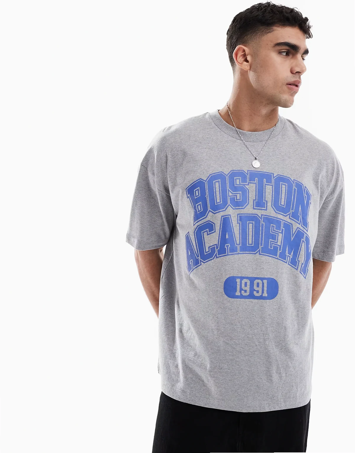 – Oversize-T-Shirt in grau meliert mit College-Grafik auf der Vorderseite