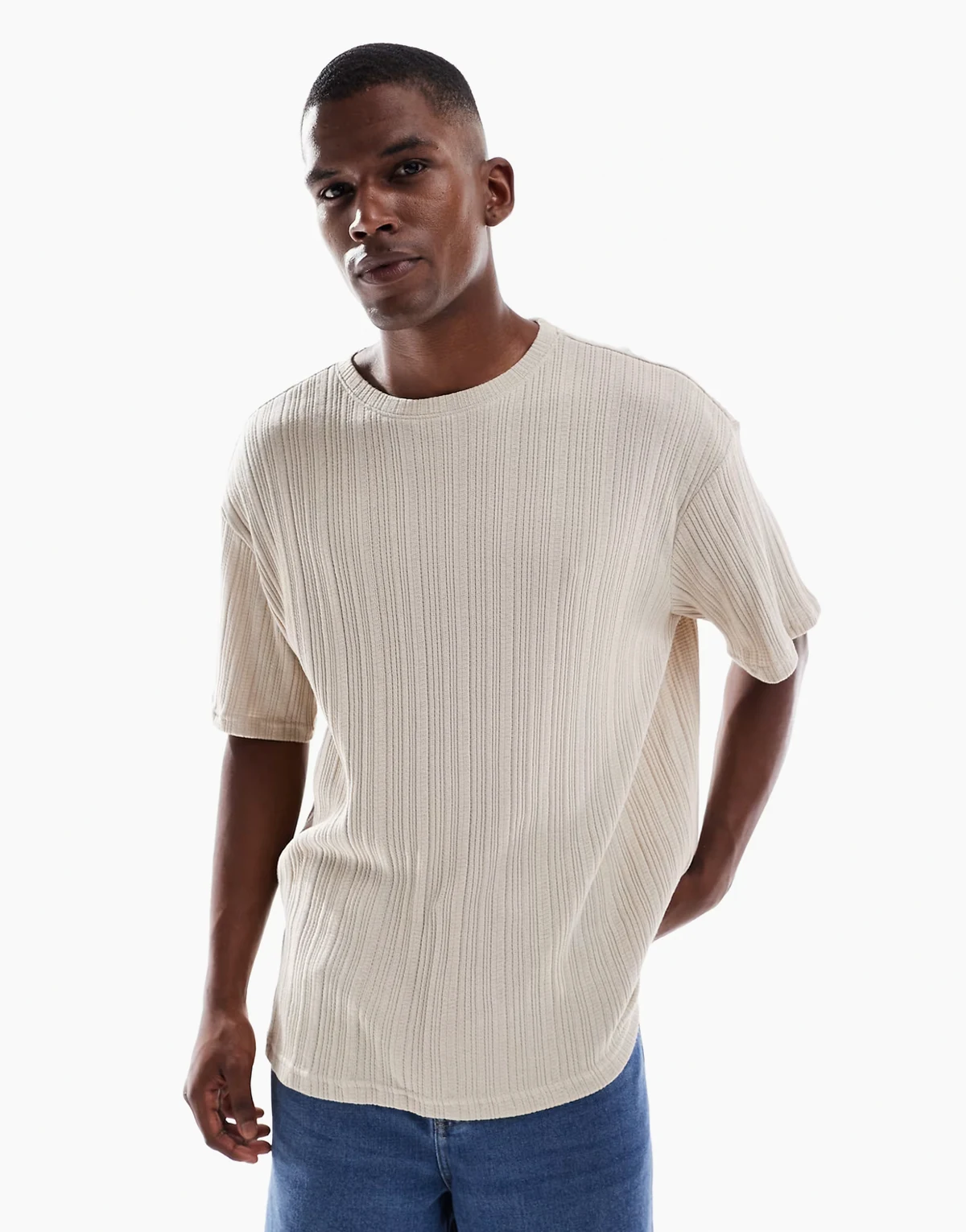 relaxed fit textured t-shirt in beige