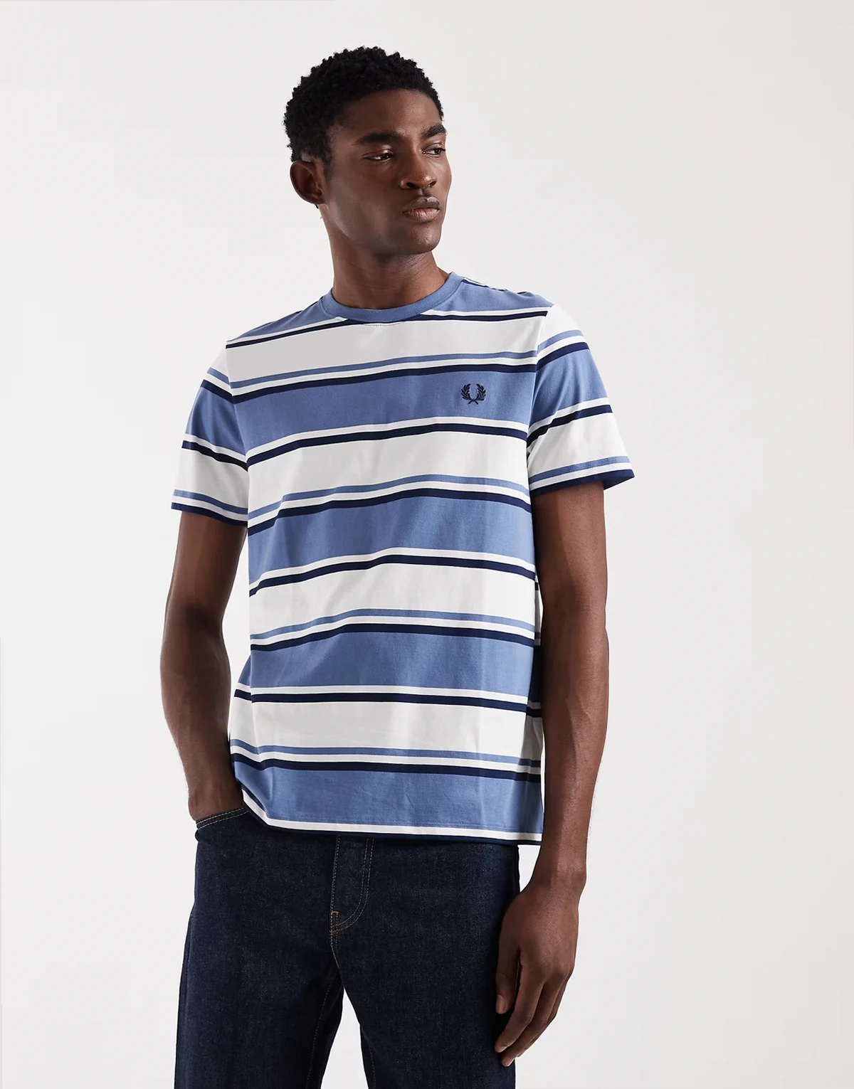 bold striped logo T-shirt in blue/white