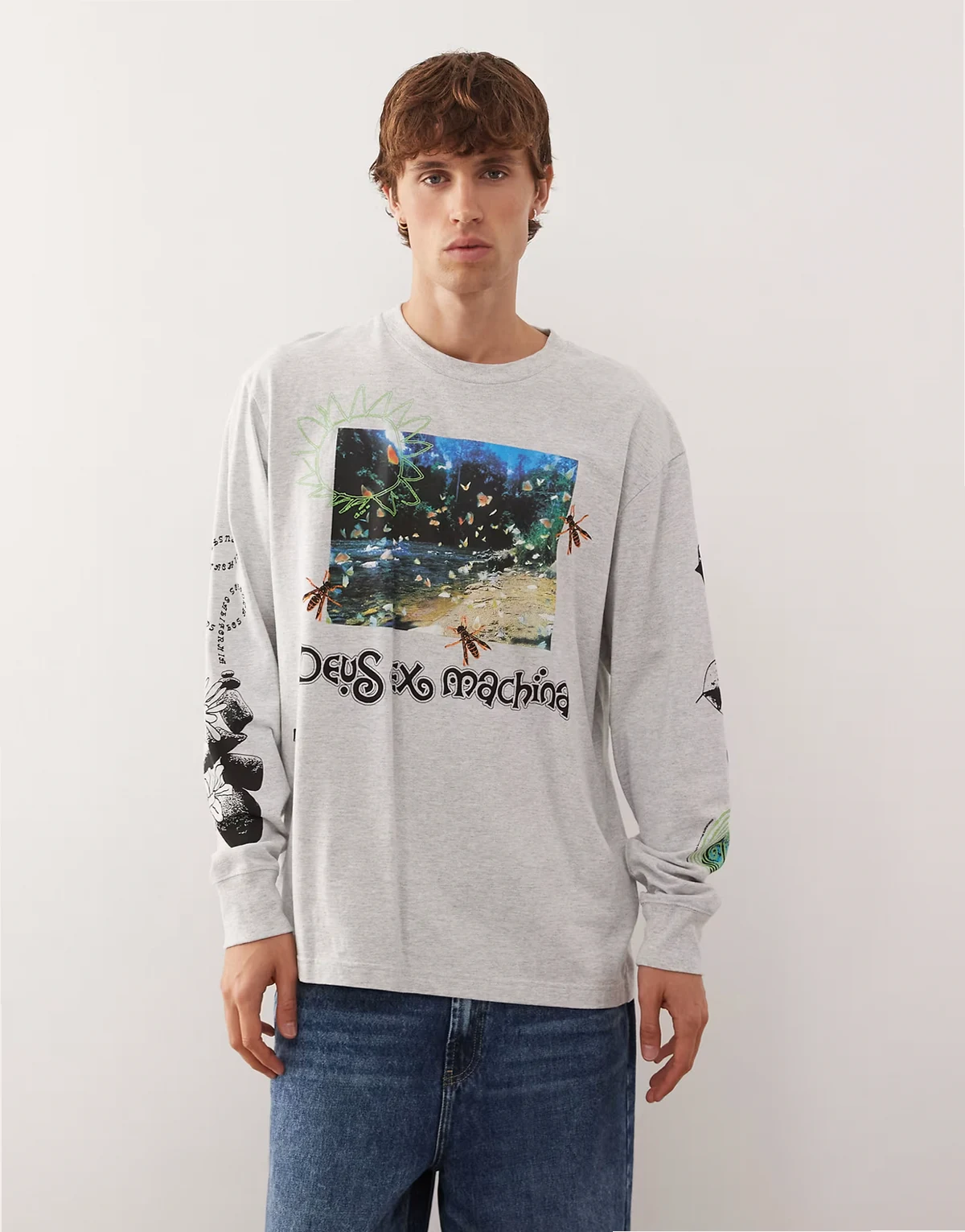 migration long sleeve t-shirt in white with placement prints