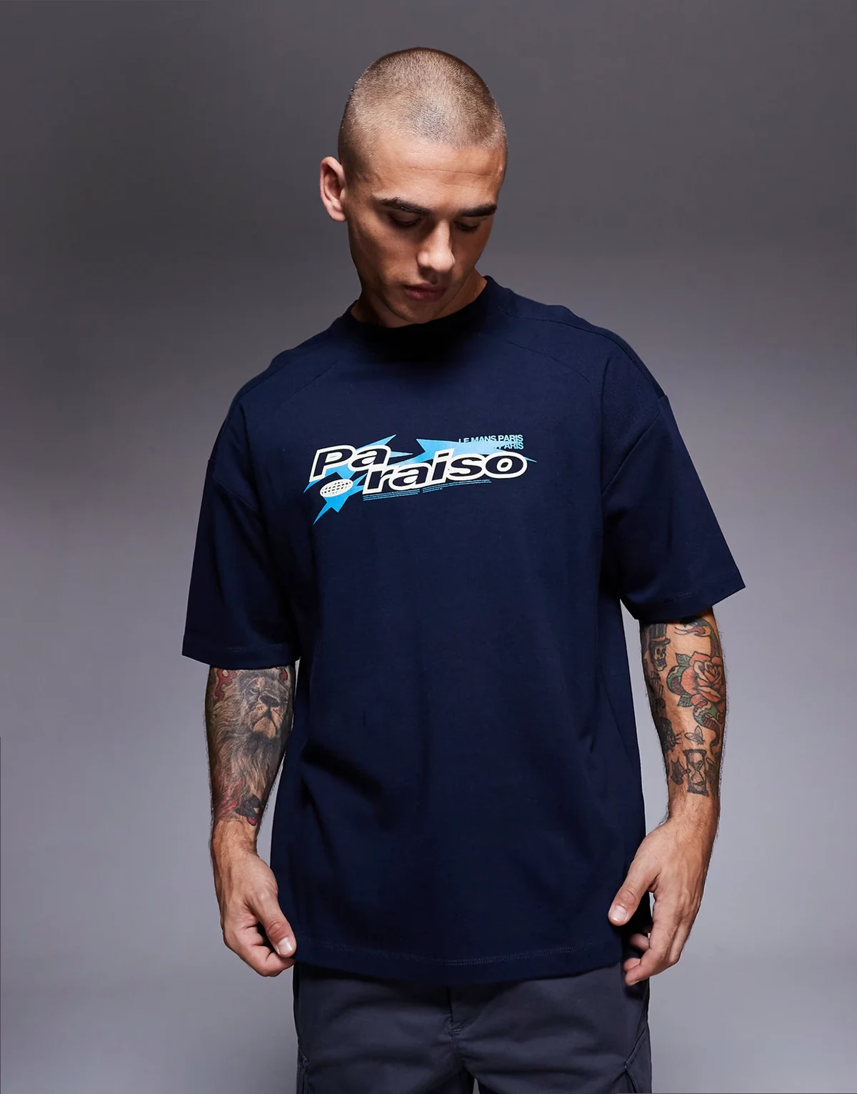 – Schweres Oversize-T-Shirt in Marineblau mit „Paraiso“-Print und Patchwork-Detail