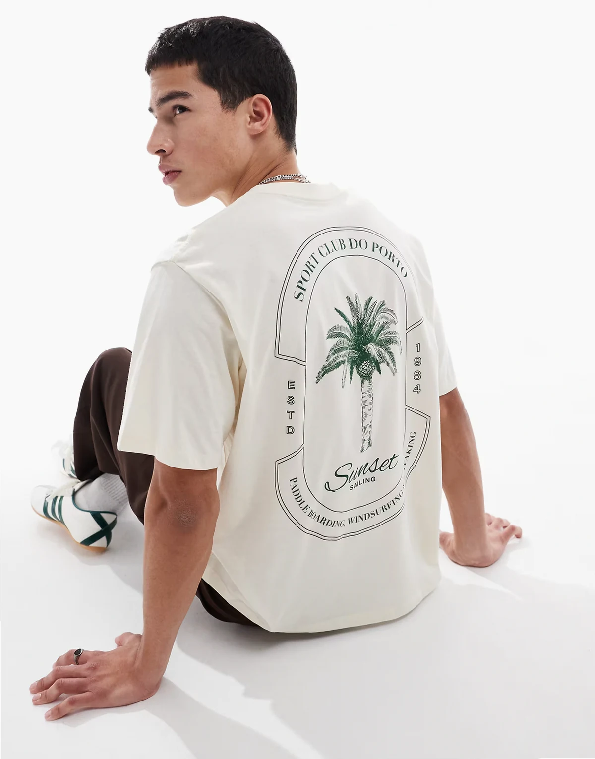 oversized T-shirt with palm print in beige