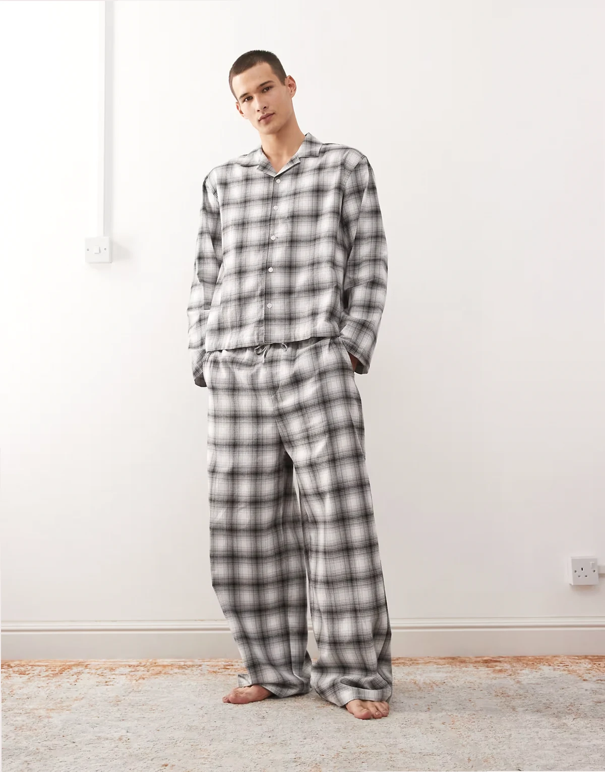 oversized flannel shirt set in black & white check