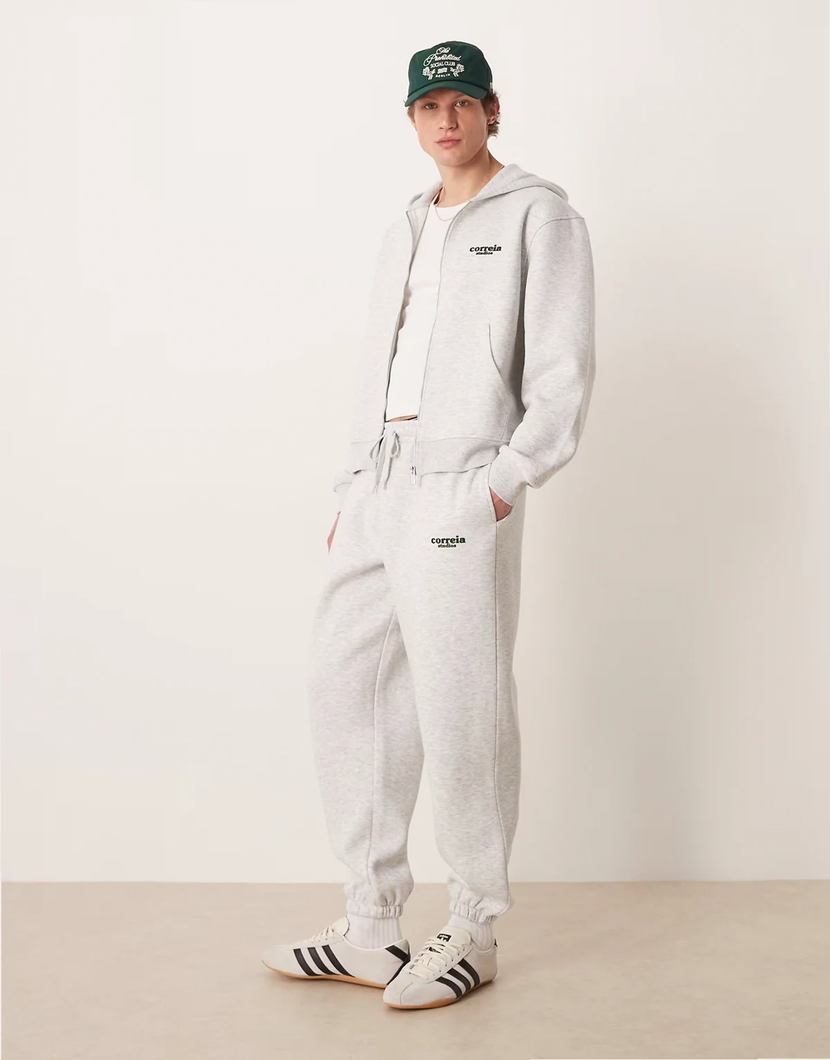 oversized fit sweatpants and hoodie with print detail set in heathered ice