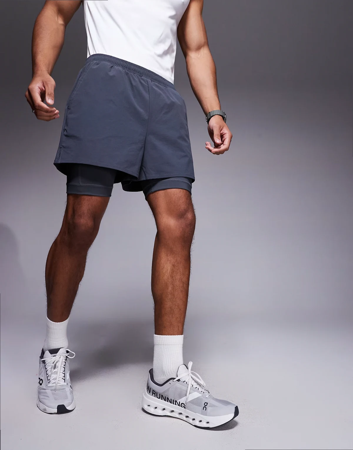 2-in-1 ripstop nylon running shorts with zip pocket in graphite