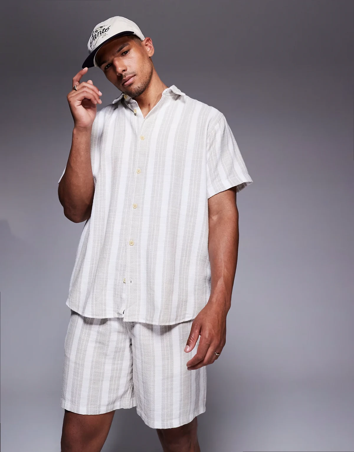 textured shorts in cream stripes