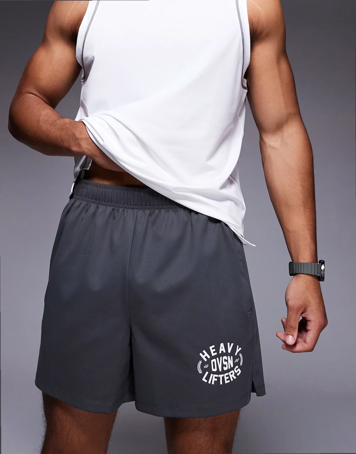 Heavy Lifting graphic training shorts with zip pockets in graphite
