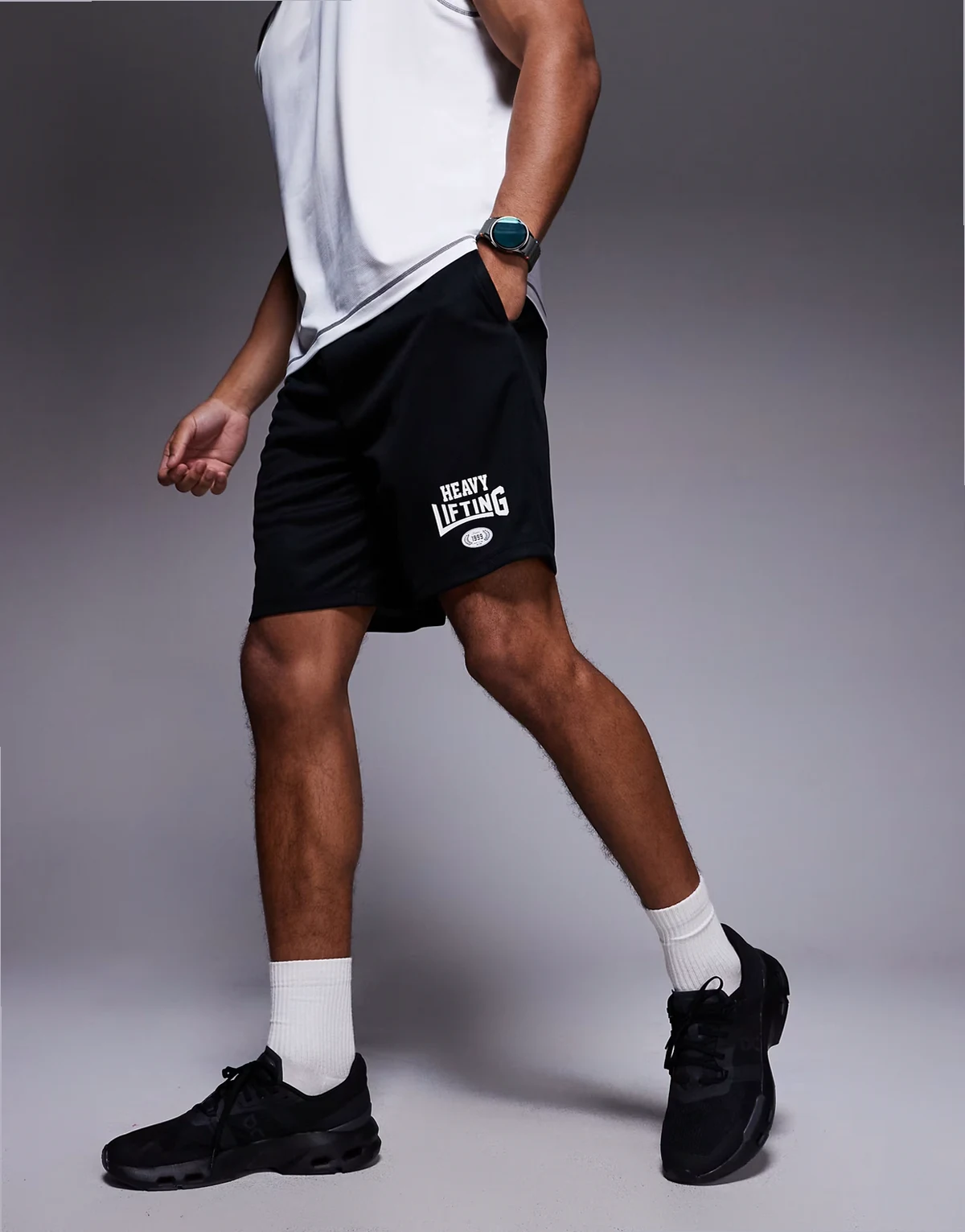 Heavy Lifting graphic mesh training shorts in black