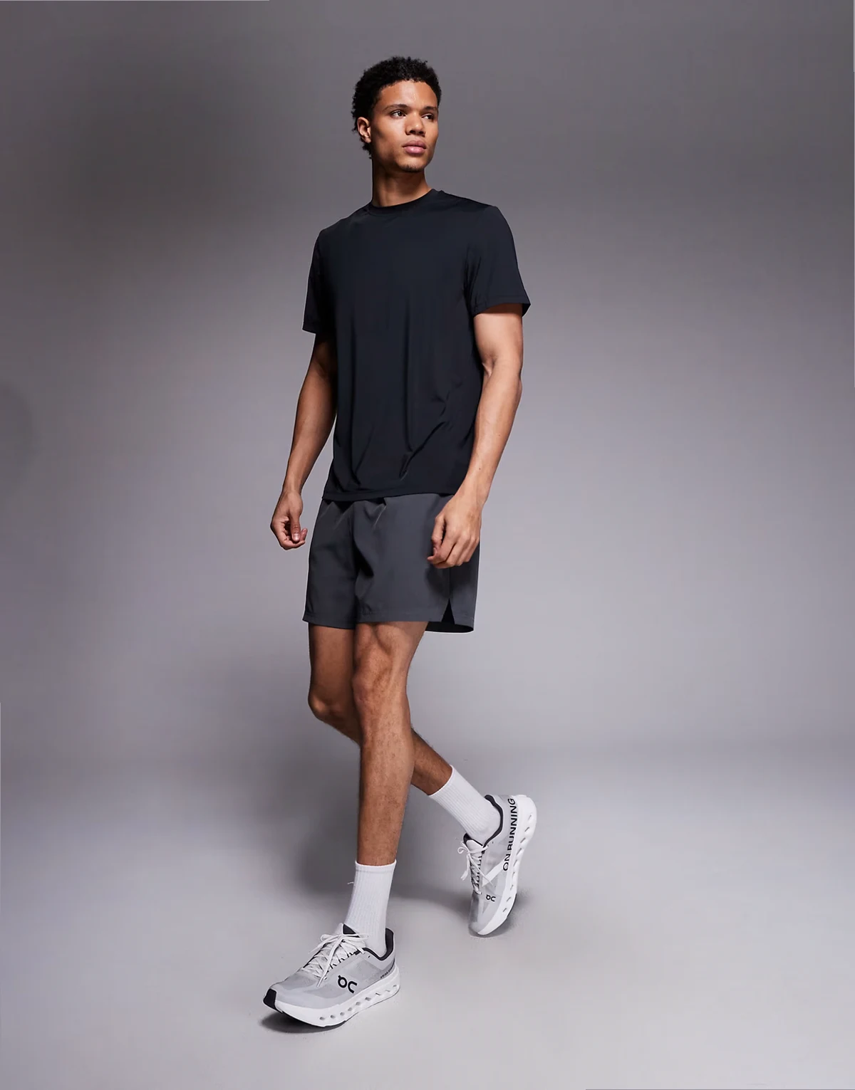 5" running shorts with elastic waist and zip phone pocket in charcoal