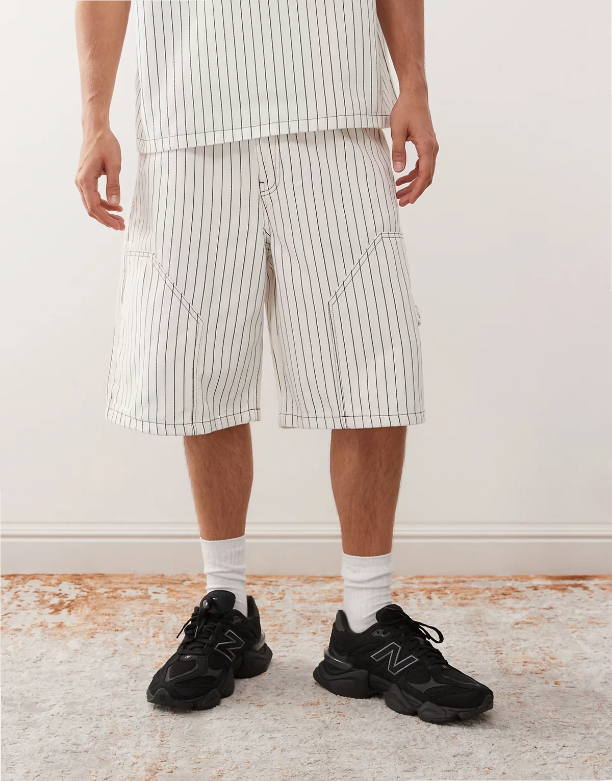 denim pinstripe carpenter shorts in white and brown - part of a set
