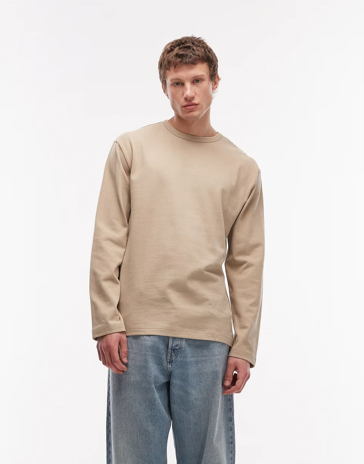 – Schweres, langärmliges Relaxed-Fit-T-Shirt aus gebürsteter Baumwolle in Beige