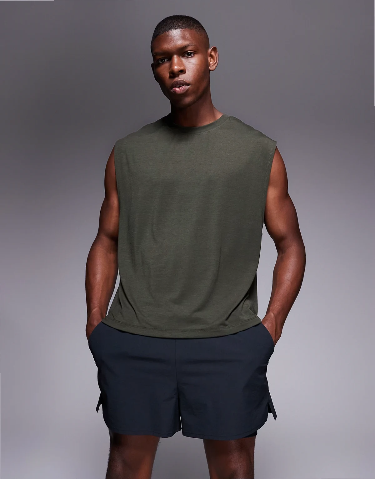 quick dry performance jersey boxy lifting tank top in khaki green