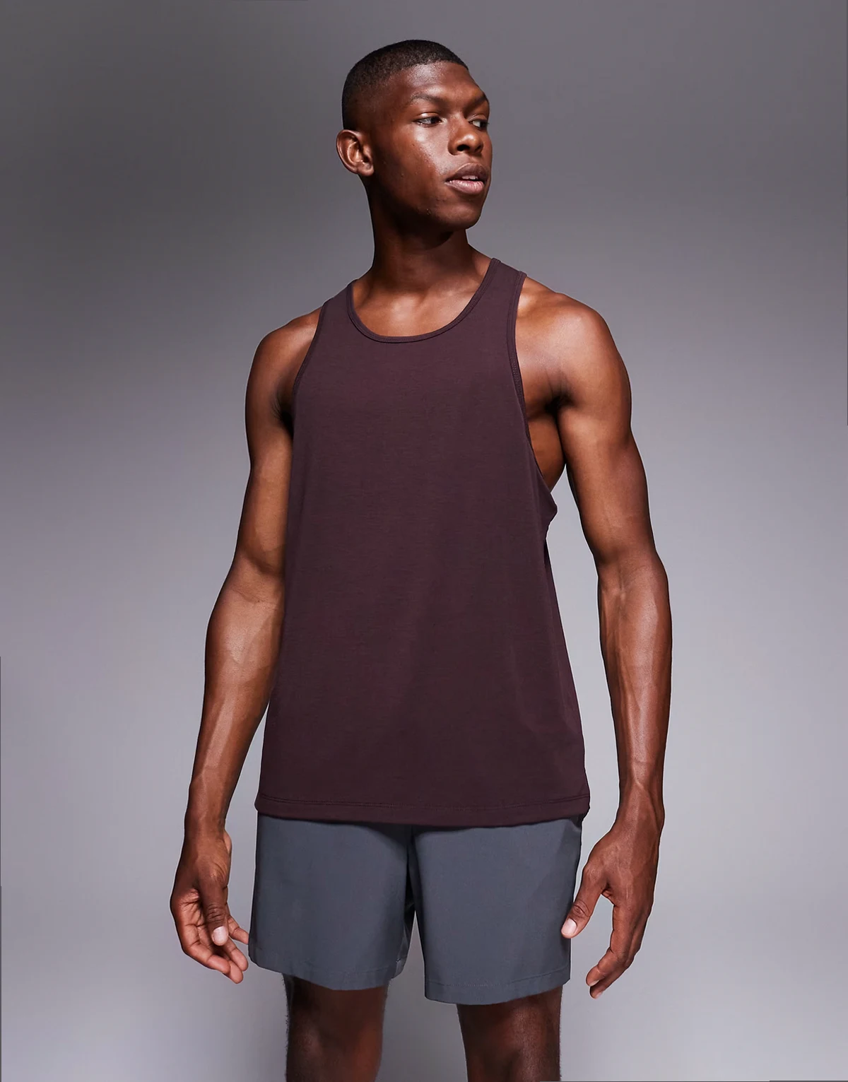 quick dry performance jersey drop armhole tank with scoop neck in dark burgundy