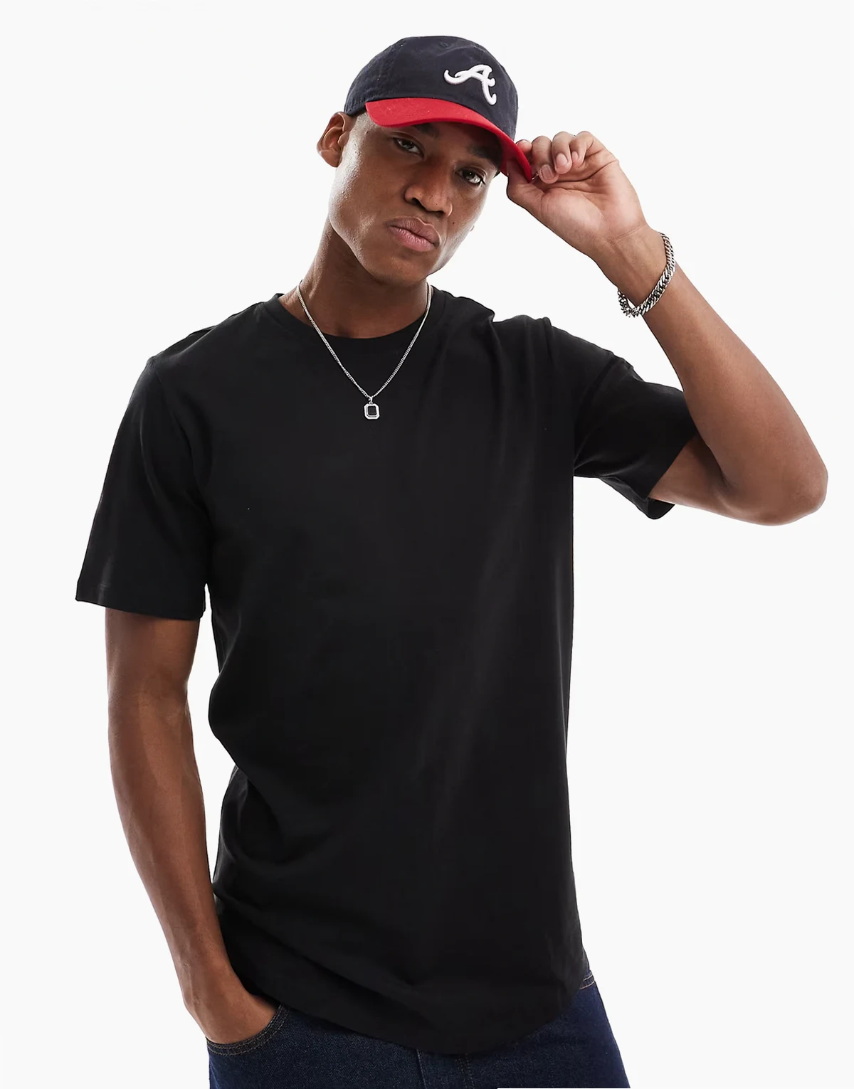 Essentials longline T-shirt with curve hem in black