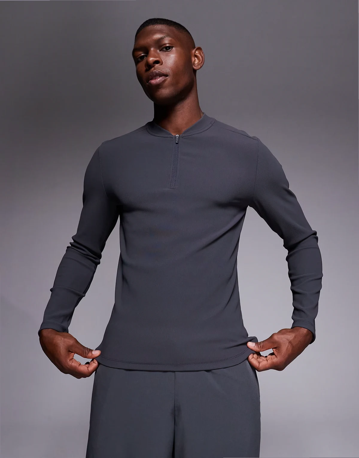 active rib slim fit long sleeve zip up running top in charcoal