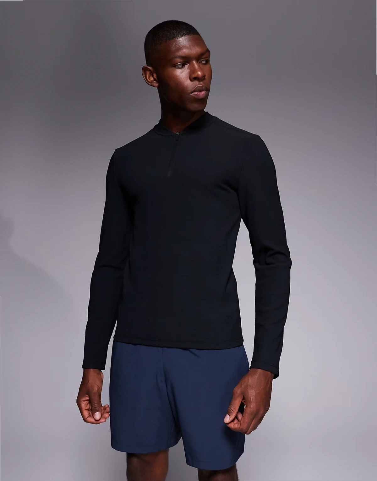 active rib slim fit long sleeve zip up running top in black