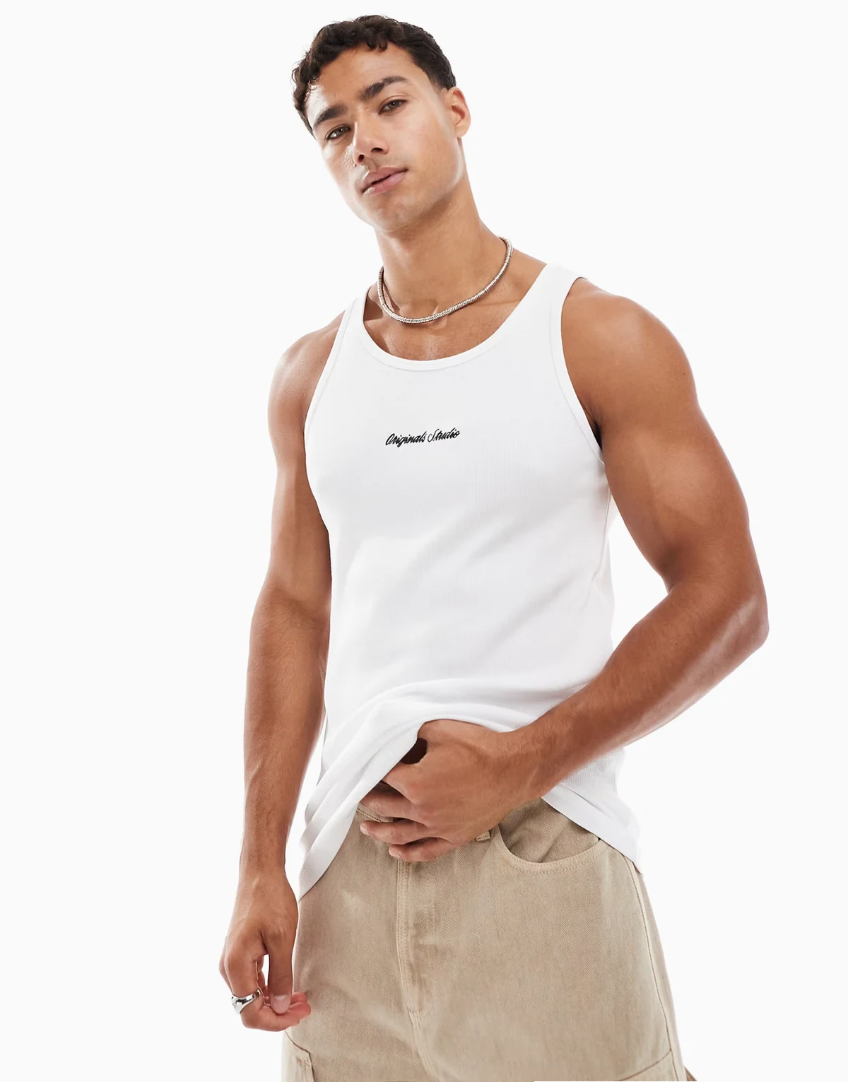 ribbed vest tank top embroidery in white
