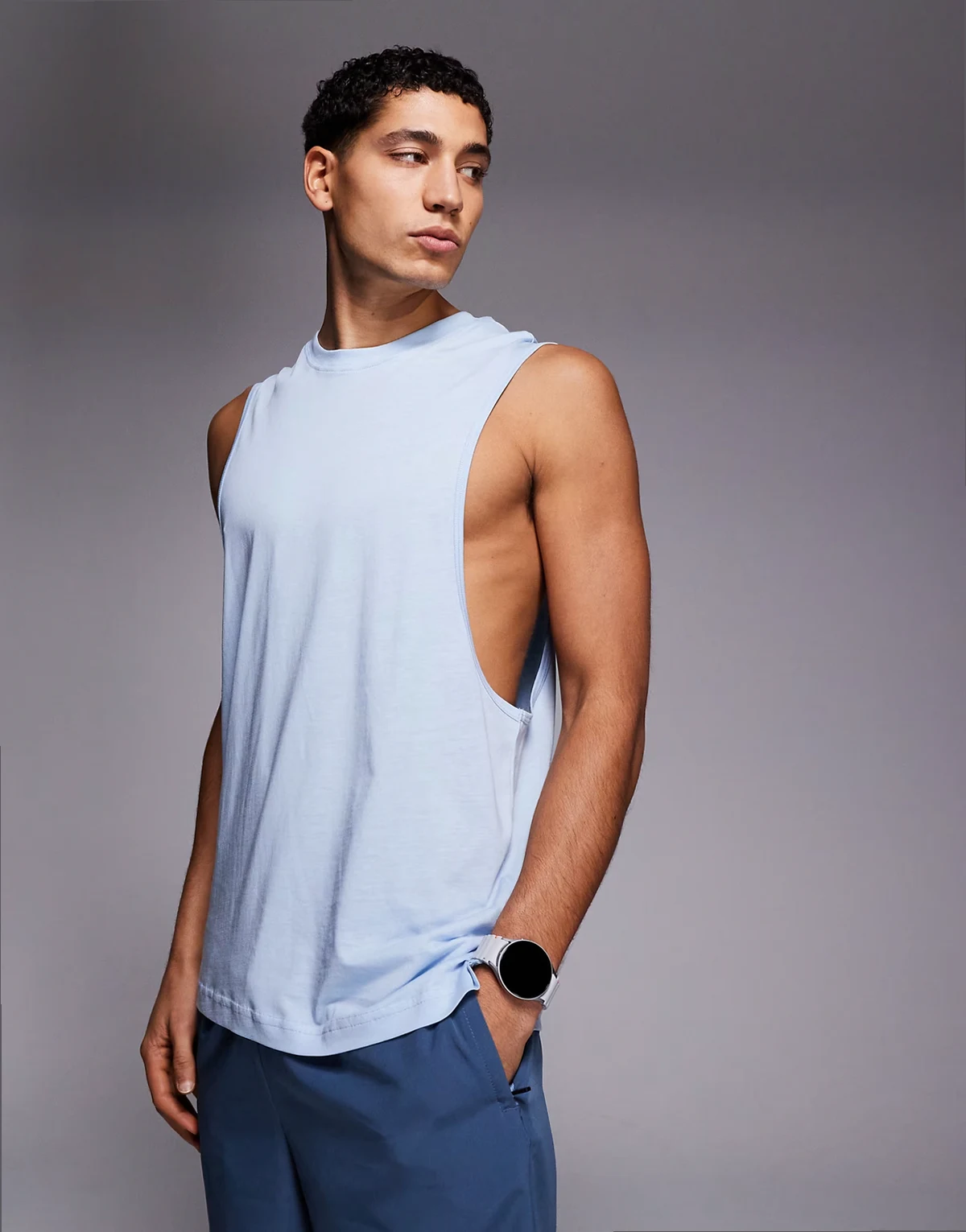 Yoga lightweight quick dry performance drop armhole tank in sky blue