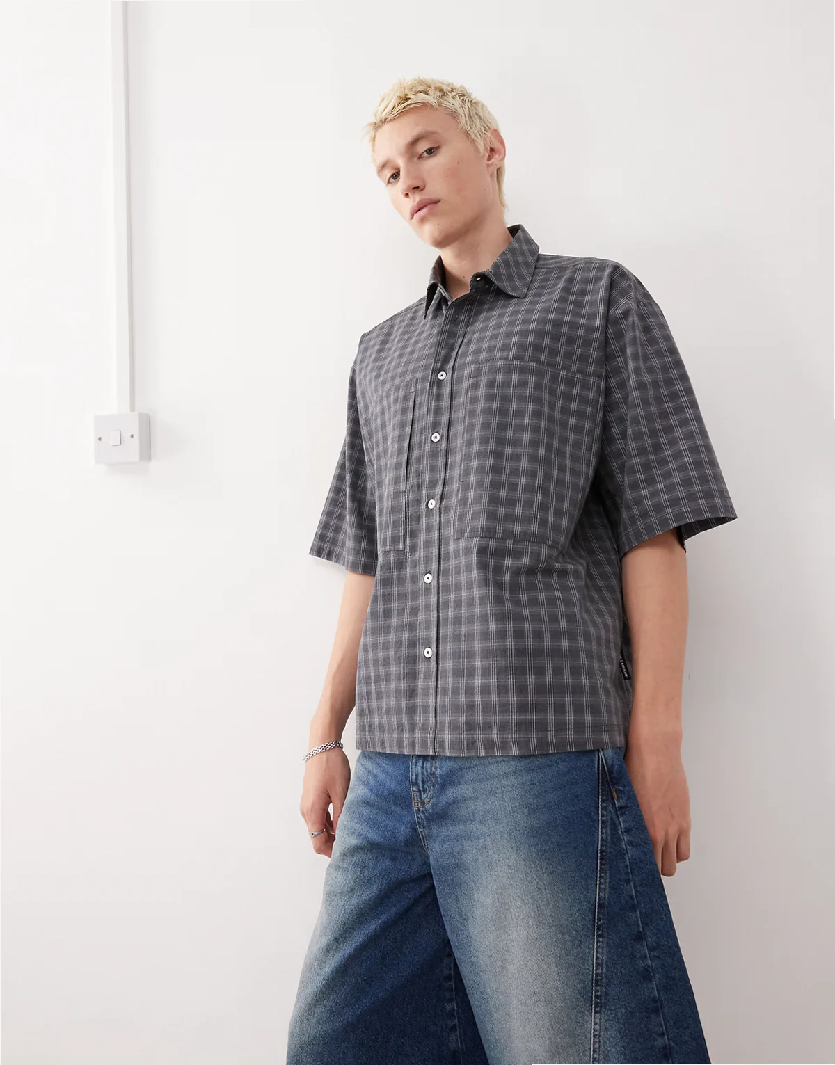check shirt with short sleeve in blue gray