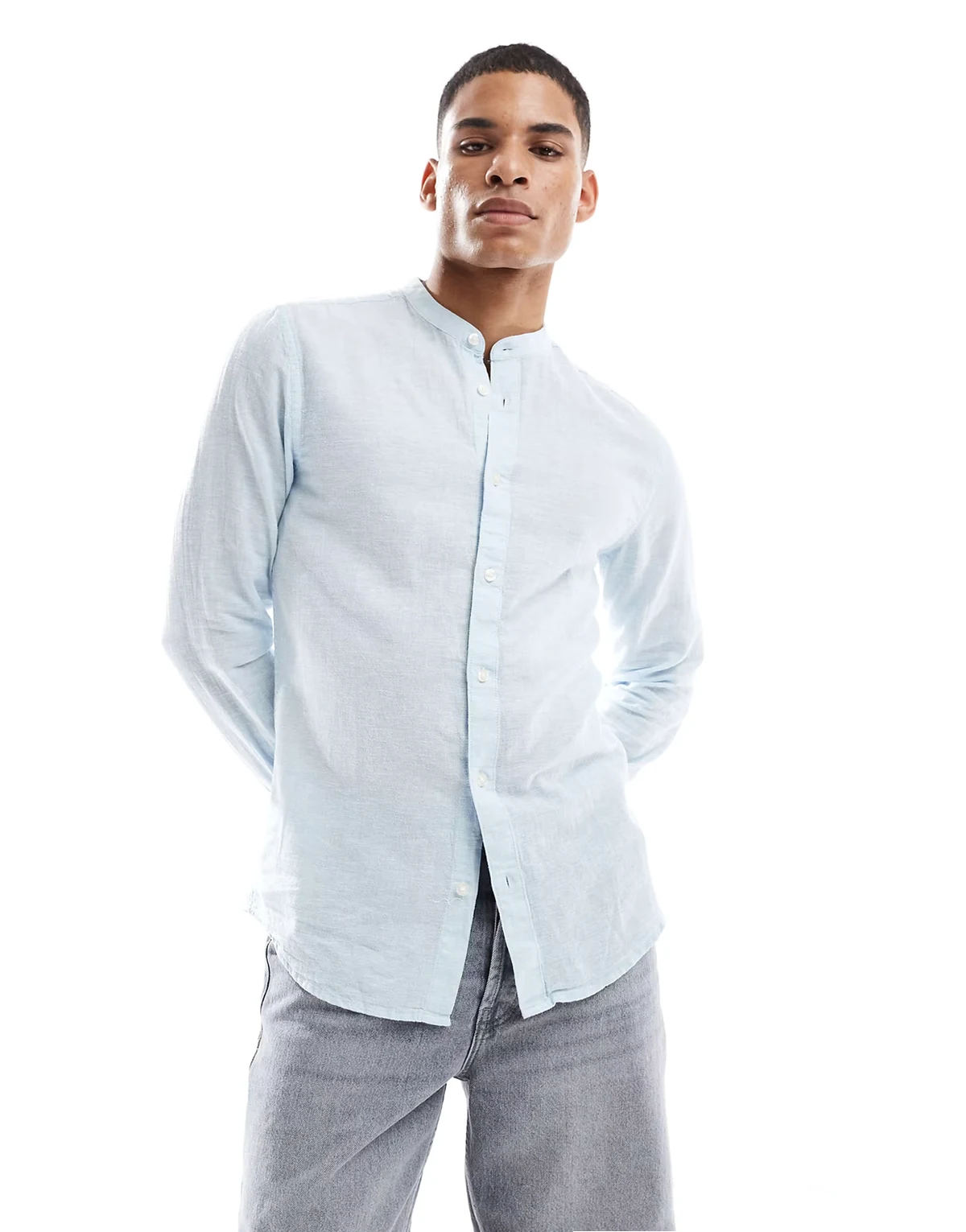 linen mix band collar shirt in light blue