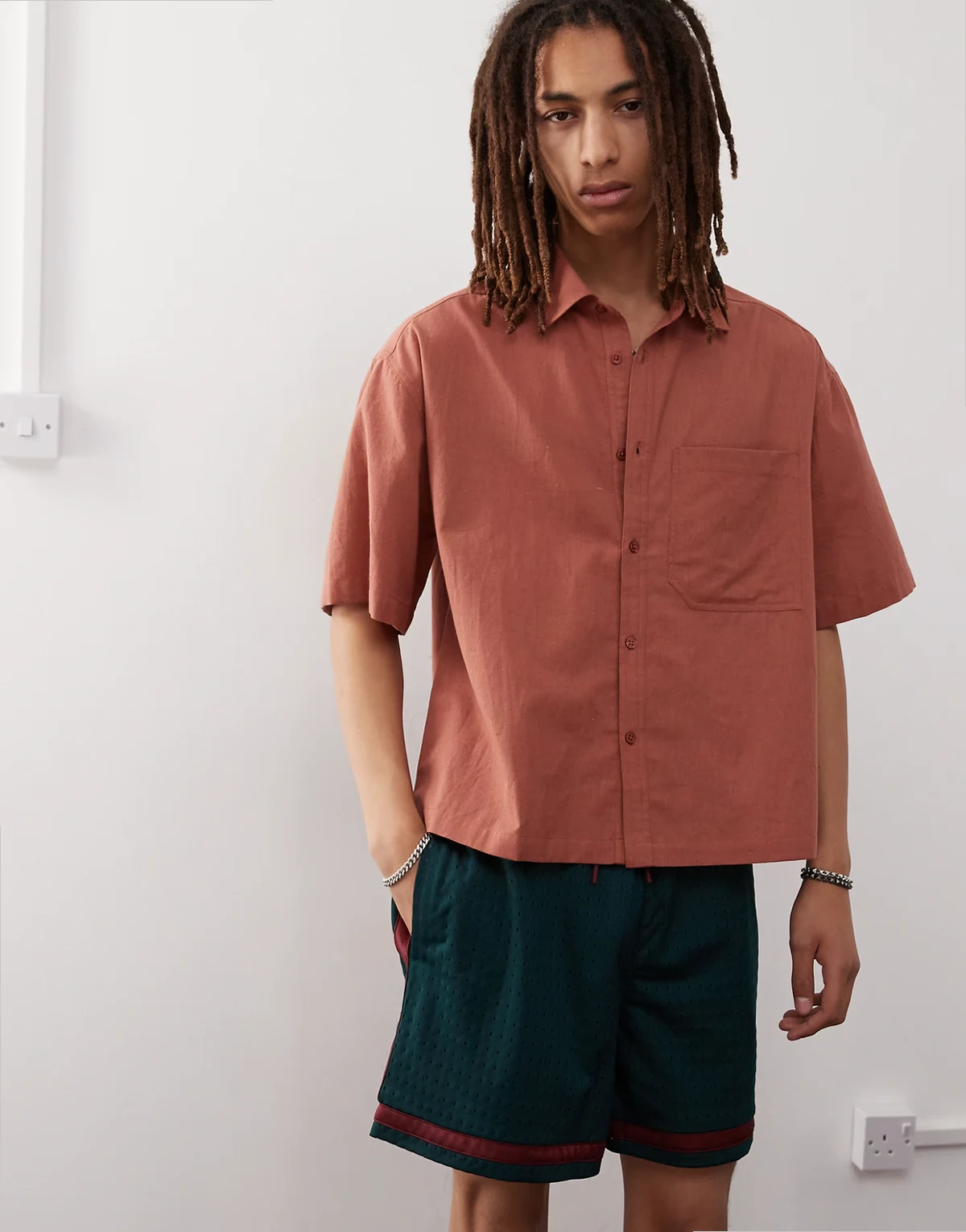 boxy linen mix short sleeve shirt in rust