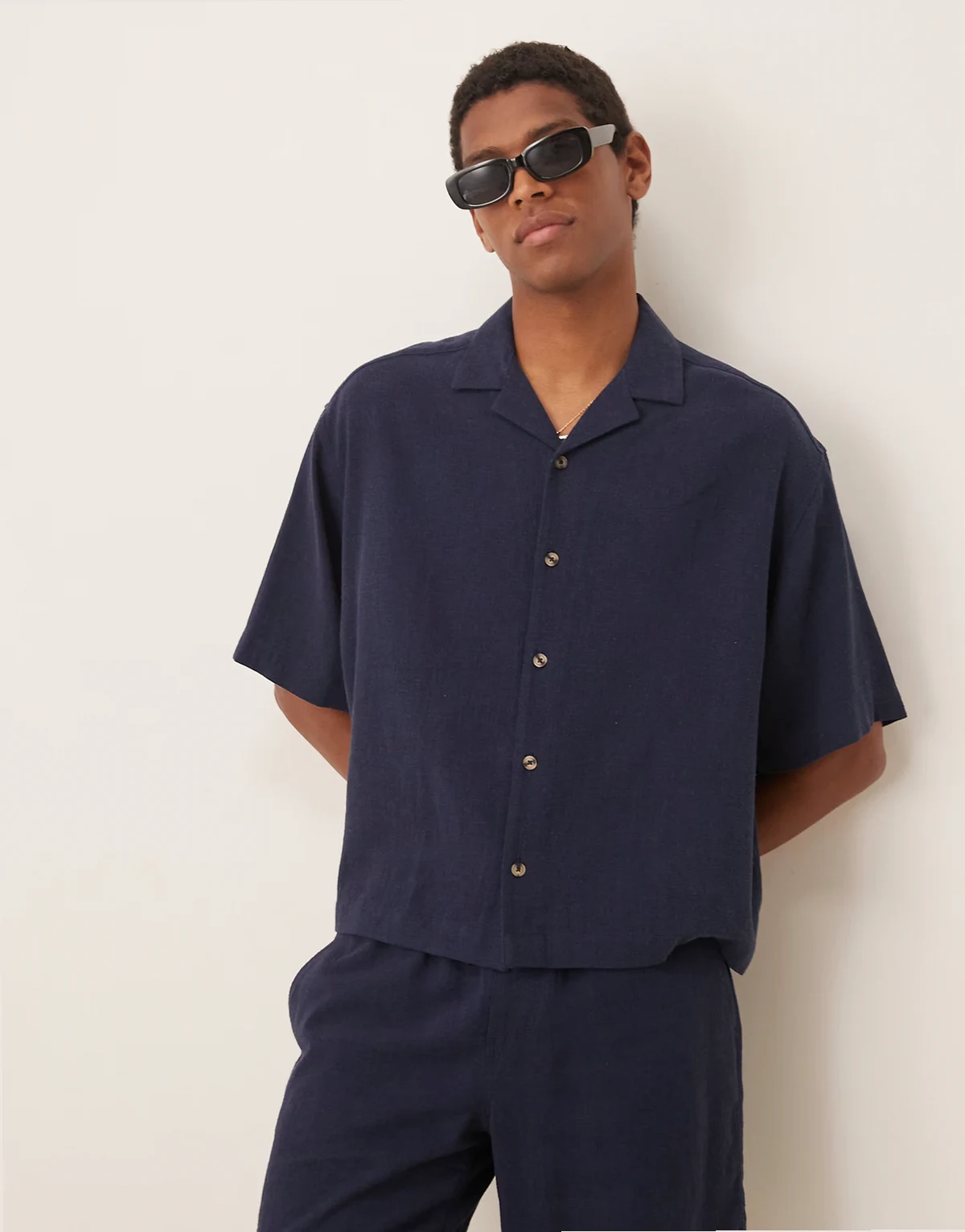boxy oversized camp collar linen blend shirt in navy - part of a set