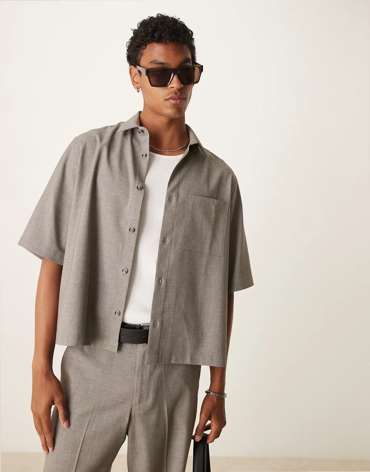 cropped camp collar shirt in charcoal - part of a set