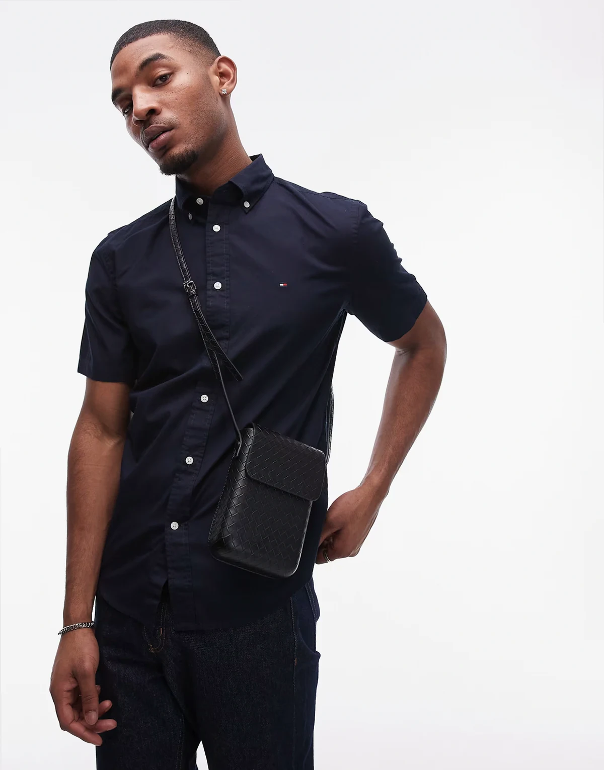 – Flex – Granatowa popelinowa koszula z krótkimi rękawami