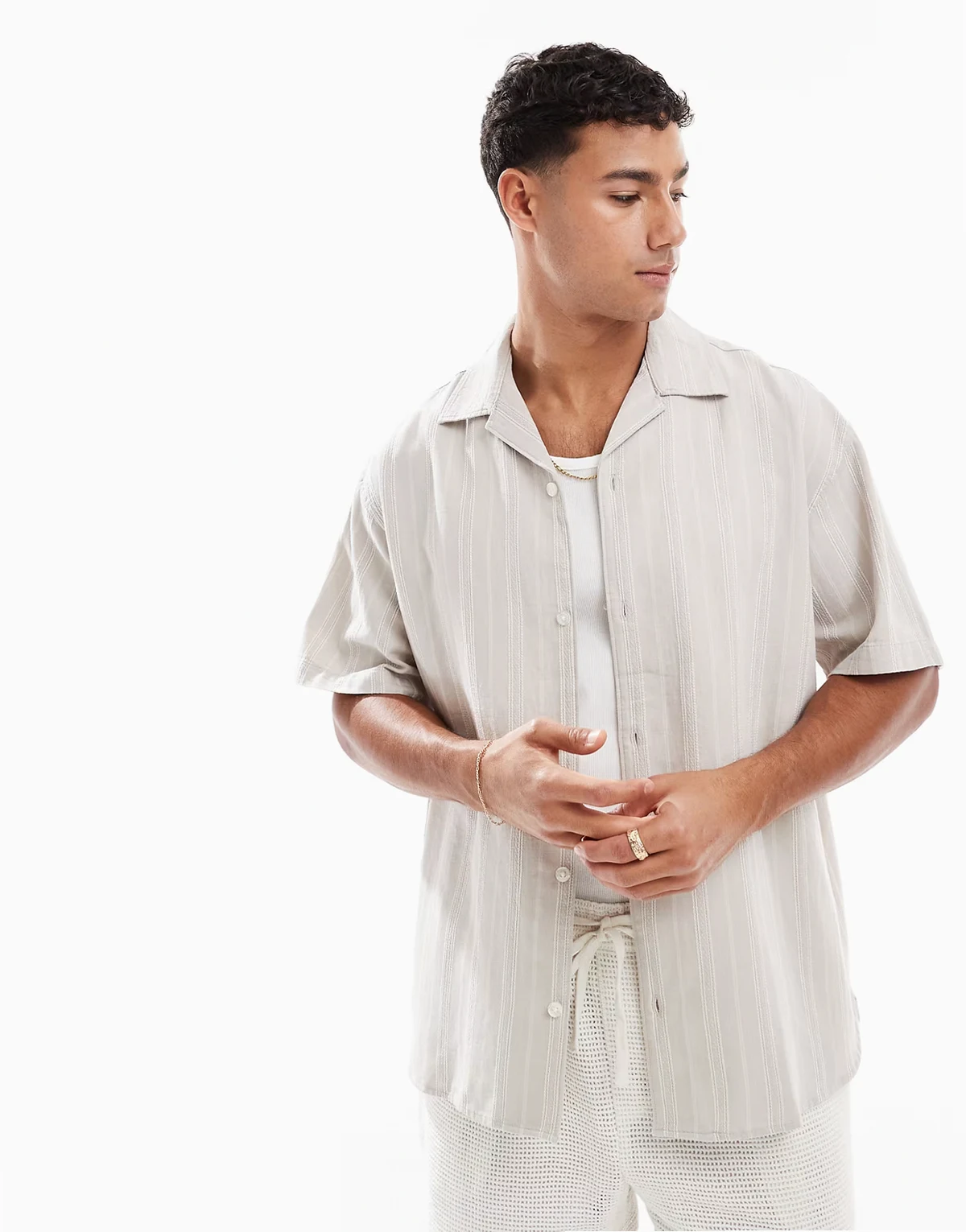 embroidered linen mix shirt in stone