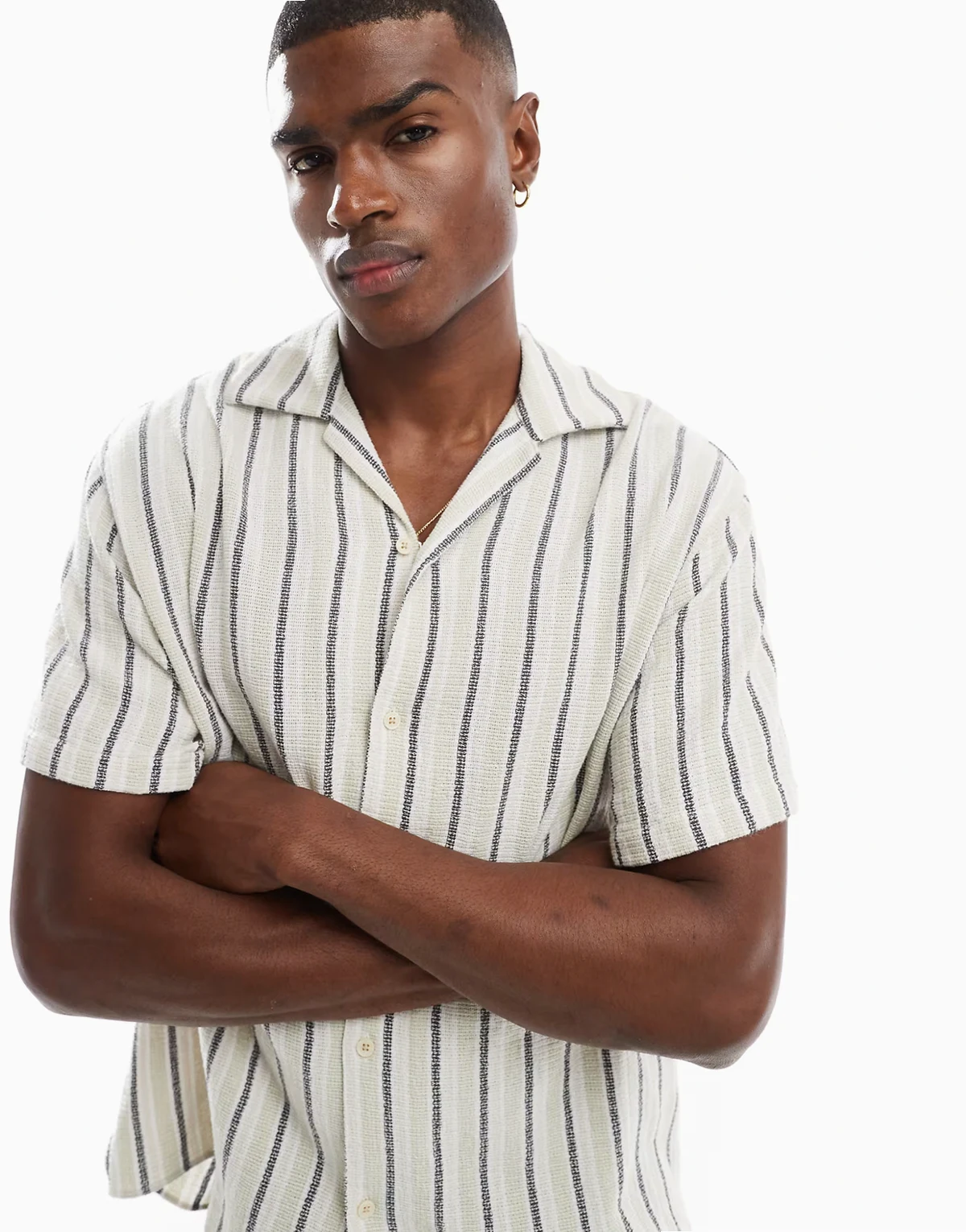 camp collar linen look shirt in blue green stripe