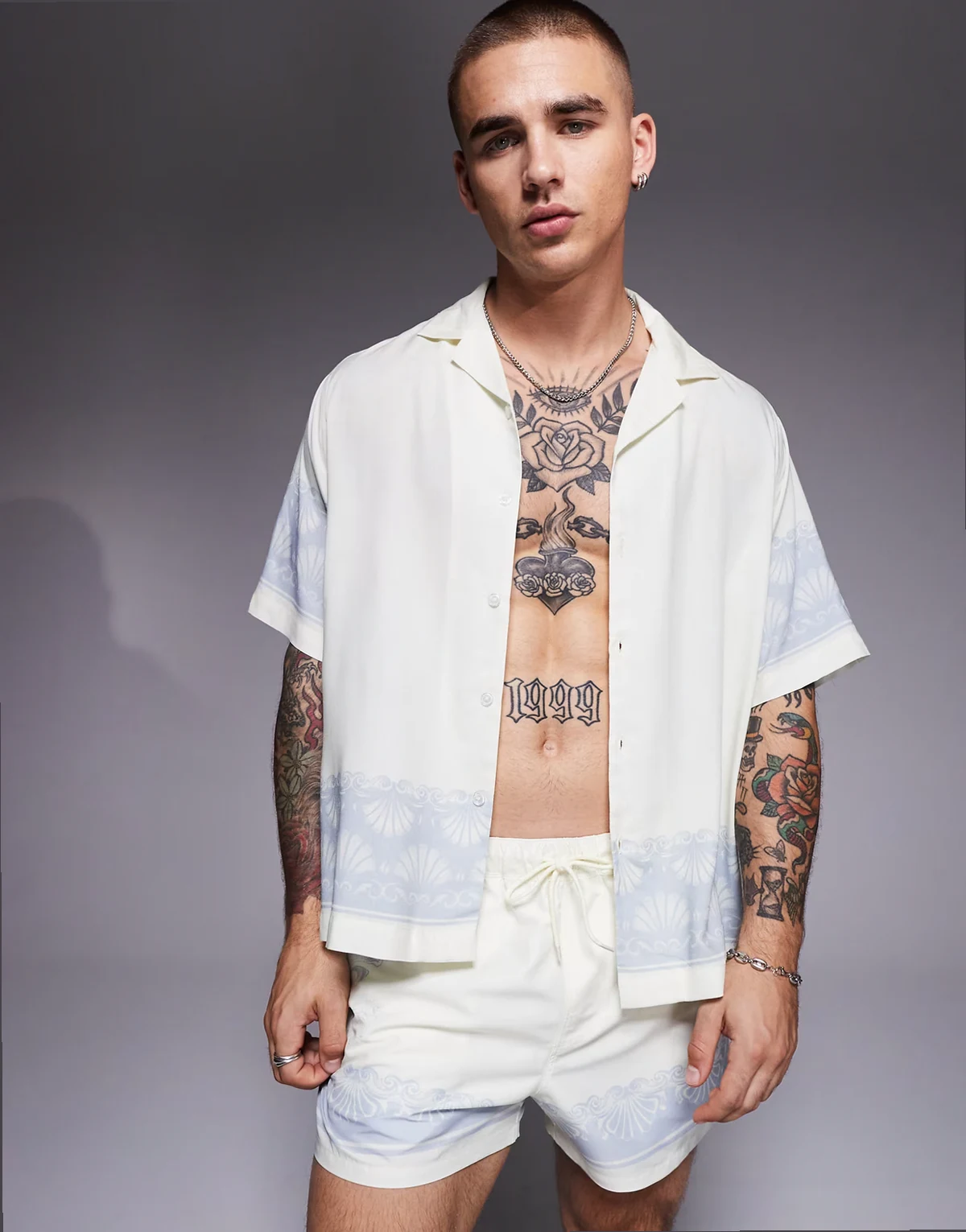 boxy shirt with border print in cream - part of a set