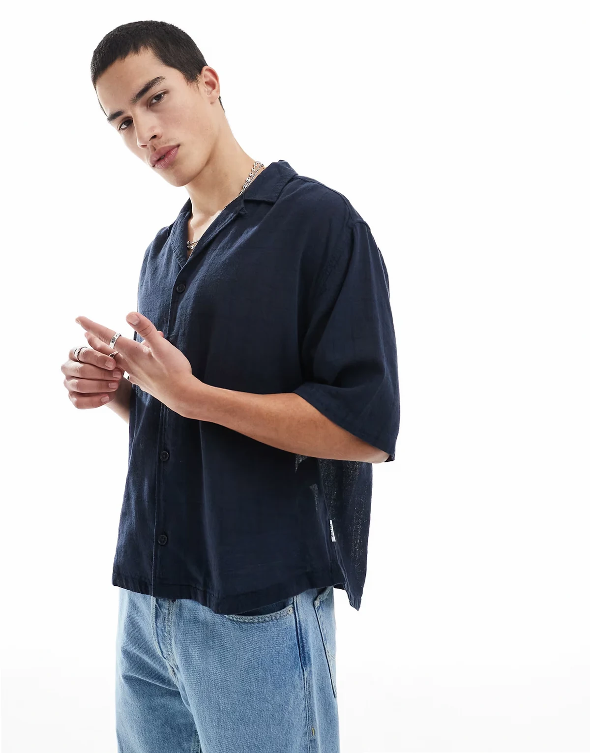relaxed fit textured camp collar shirt in navy