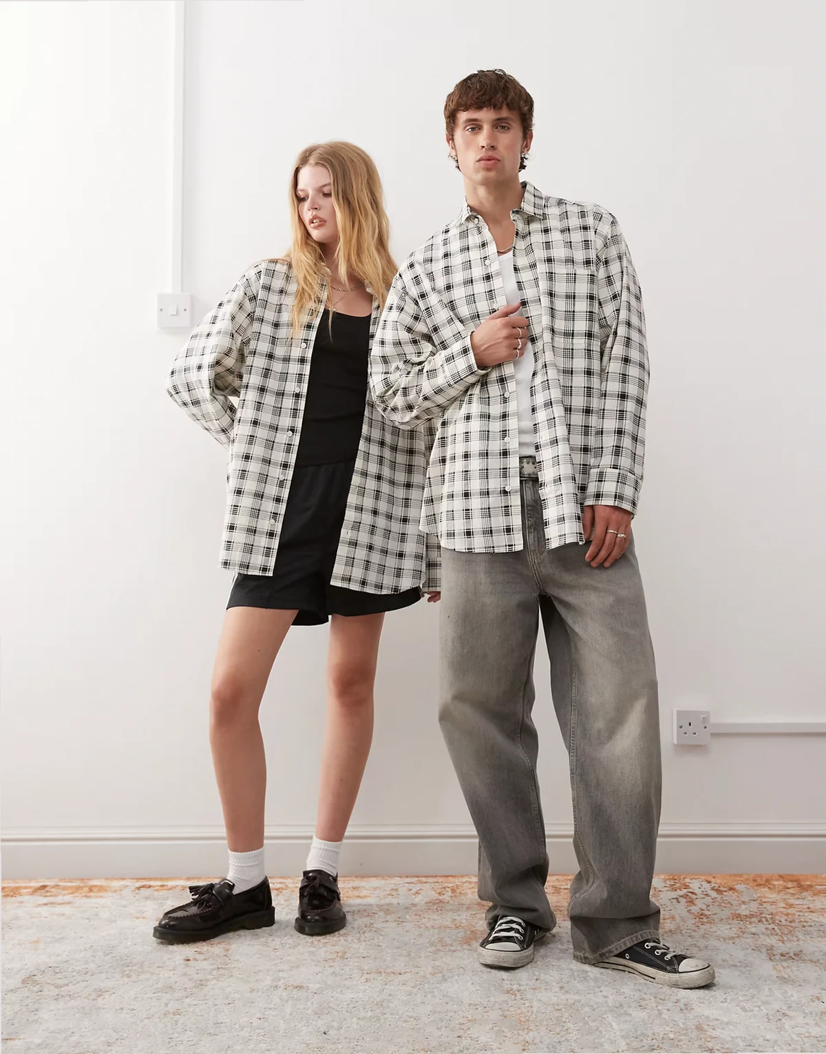 Unisex plaid shirt in black and white