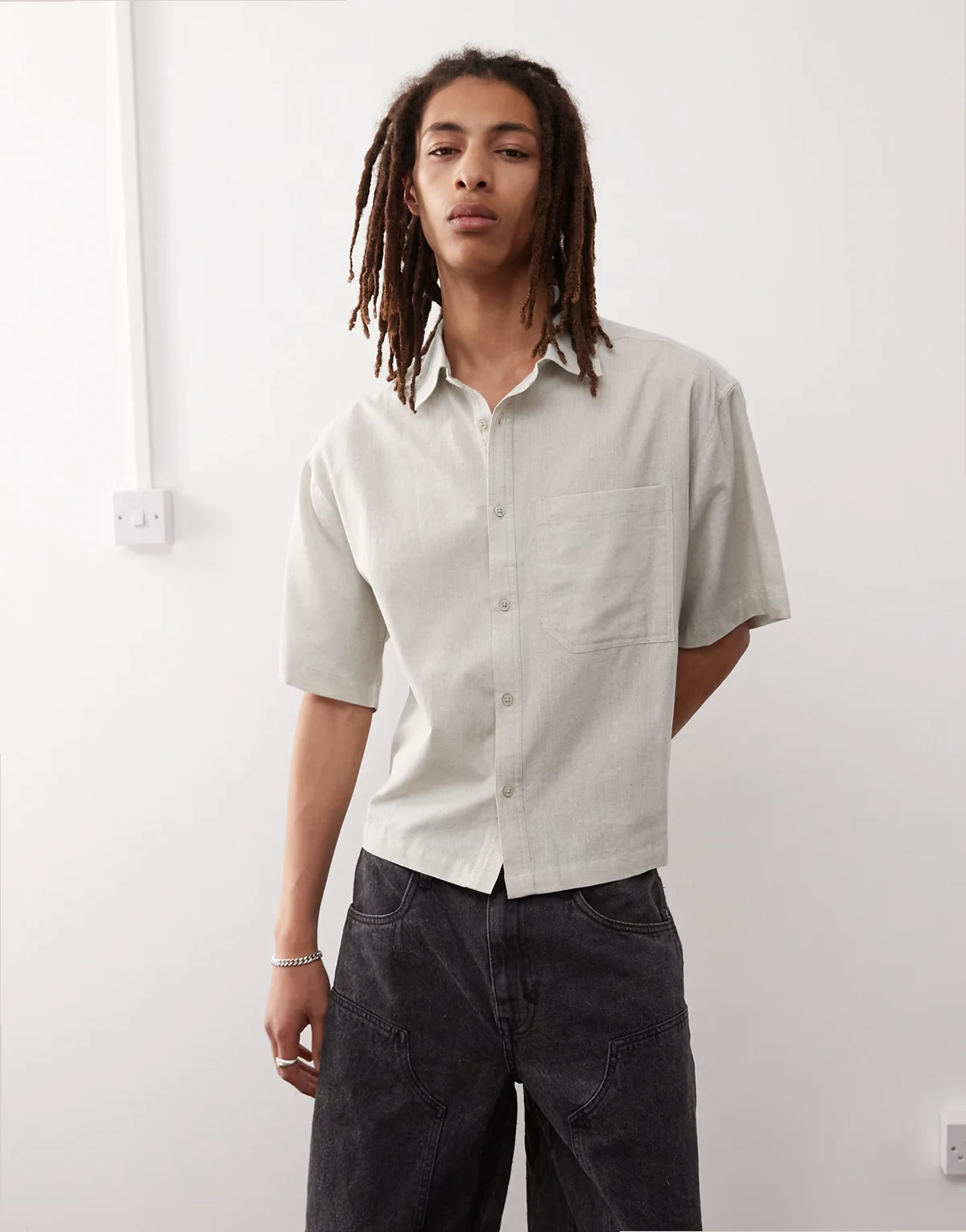 boxy linen mix short sleeve shirt in oatmeal