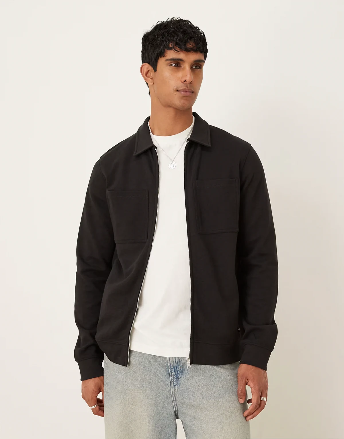 cotton mix long sleeve overshirt in black